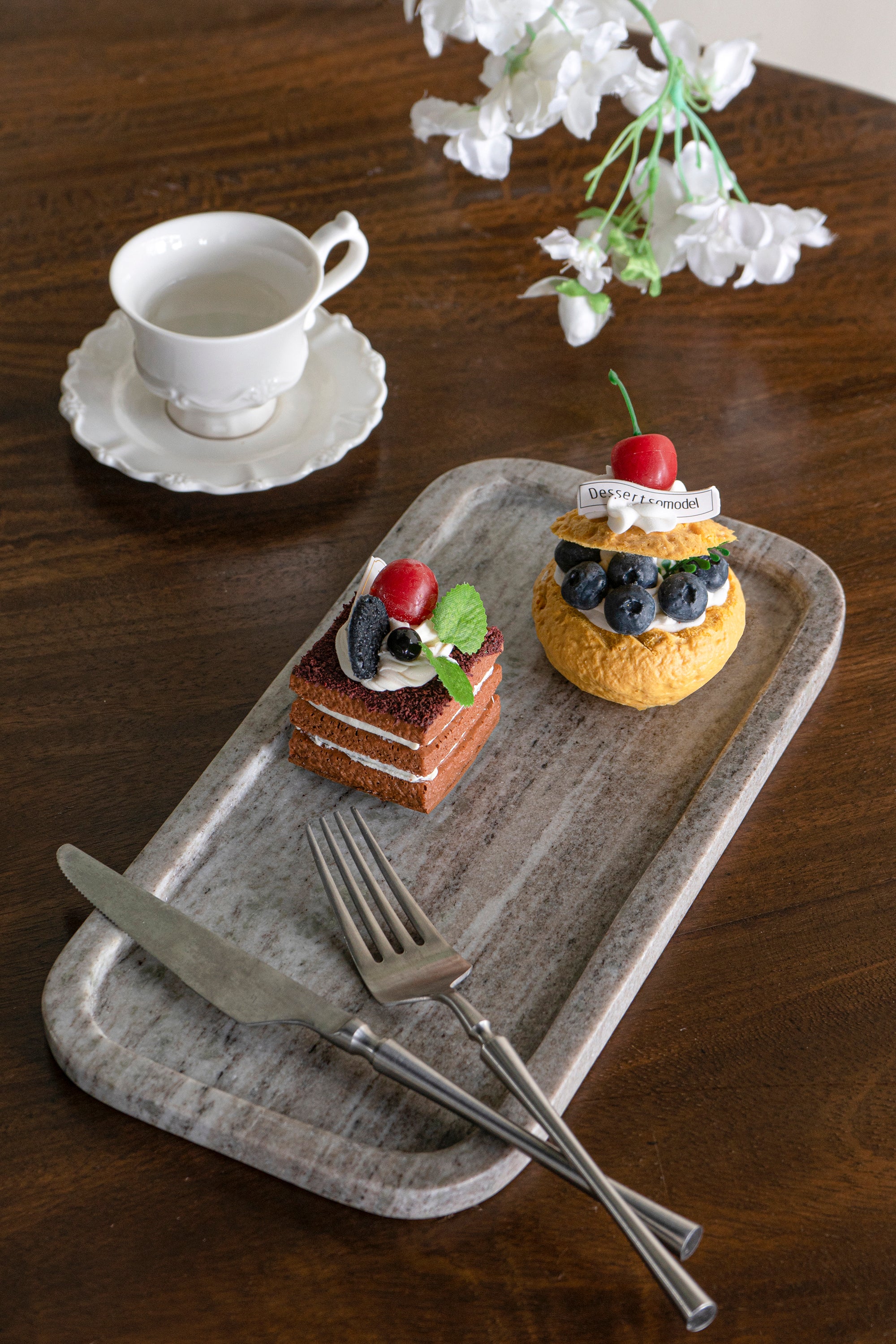 Rectangular Gray Marble Tray with Raised Edges