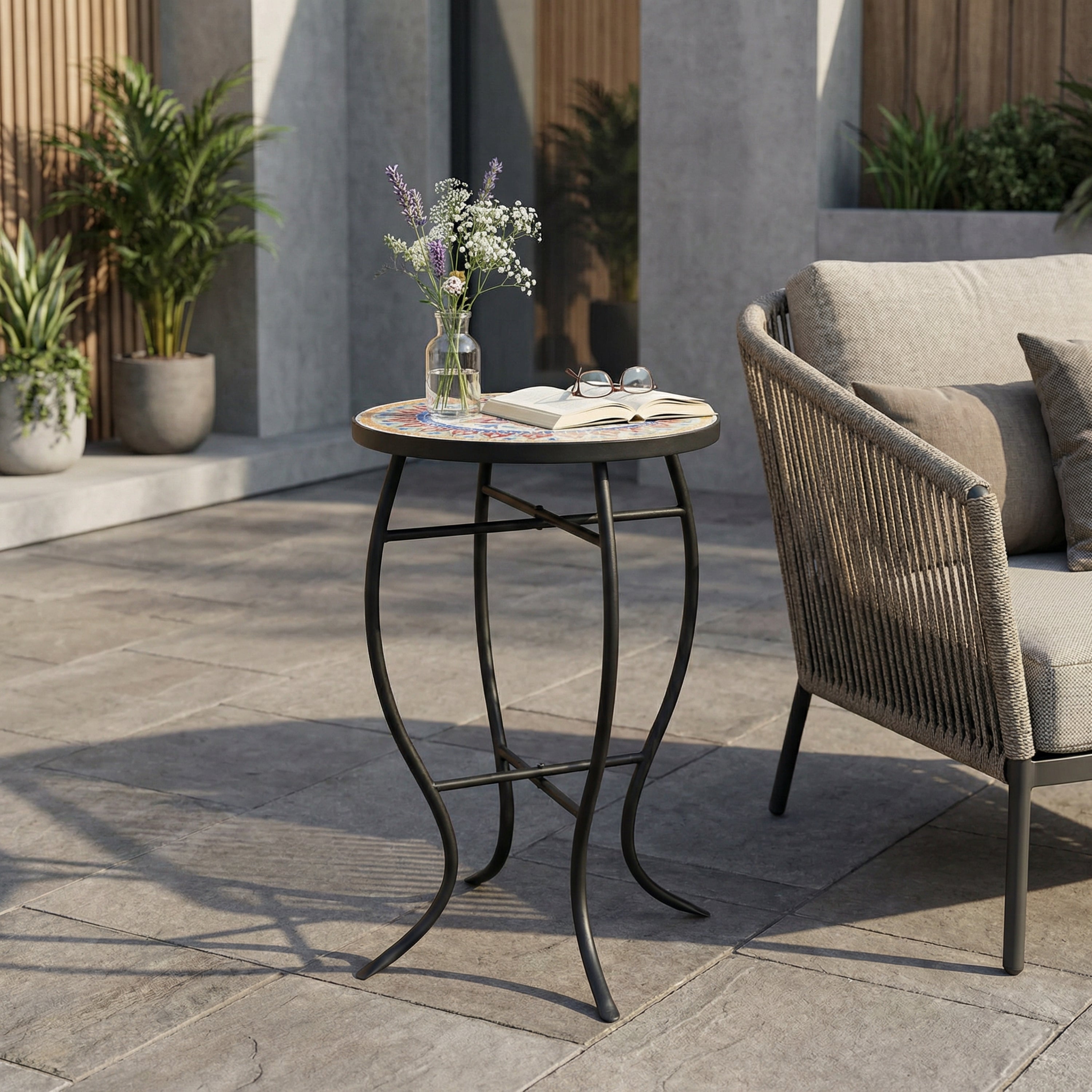 Outdoor Round Side Table with Mosaic-Style Top and Curved Iron Legs - Multi-color