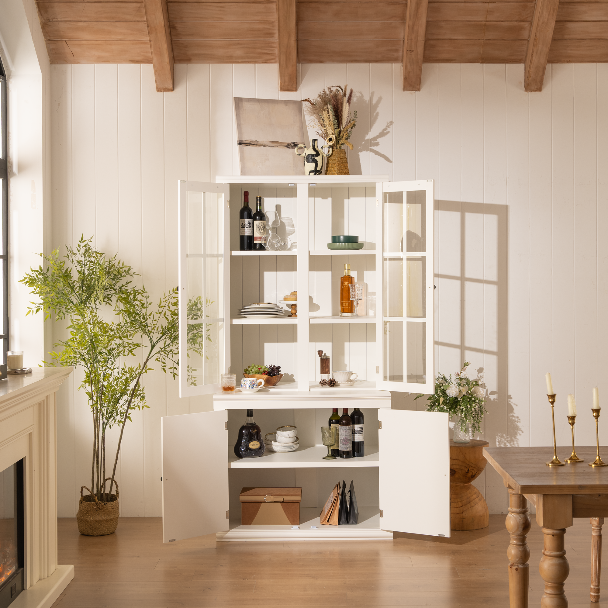 Classic Hutch Cabinet with Double Glass Doors