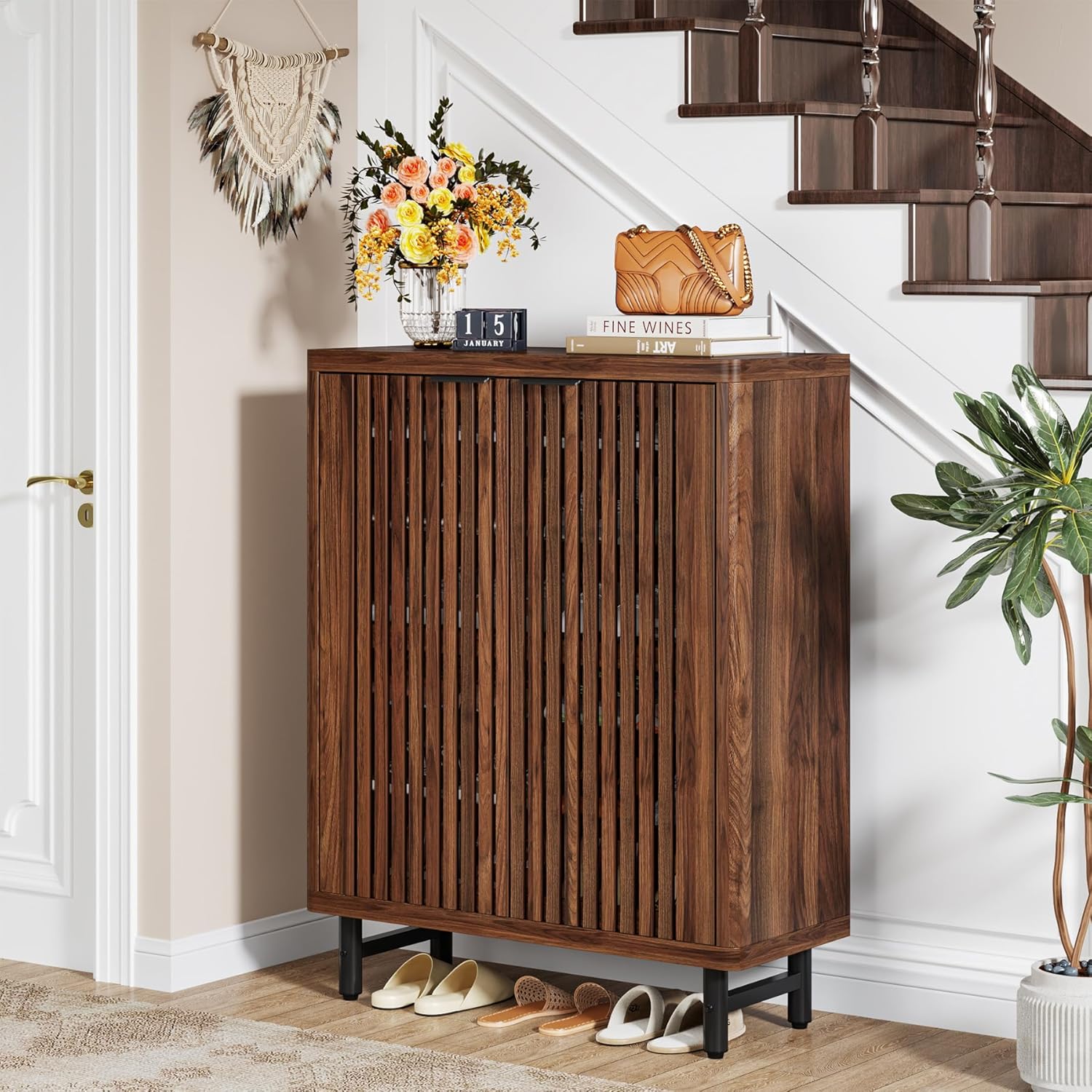 Modern Black Wooden 6-Tier Shoe Cabinet with Louvered Doors