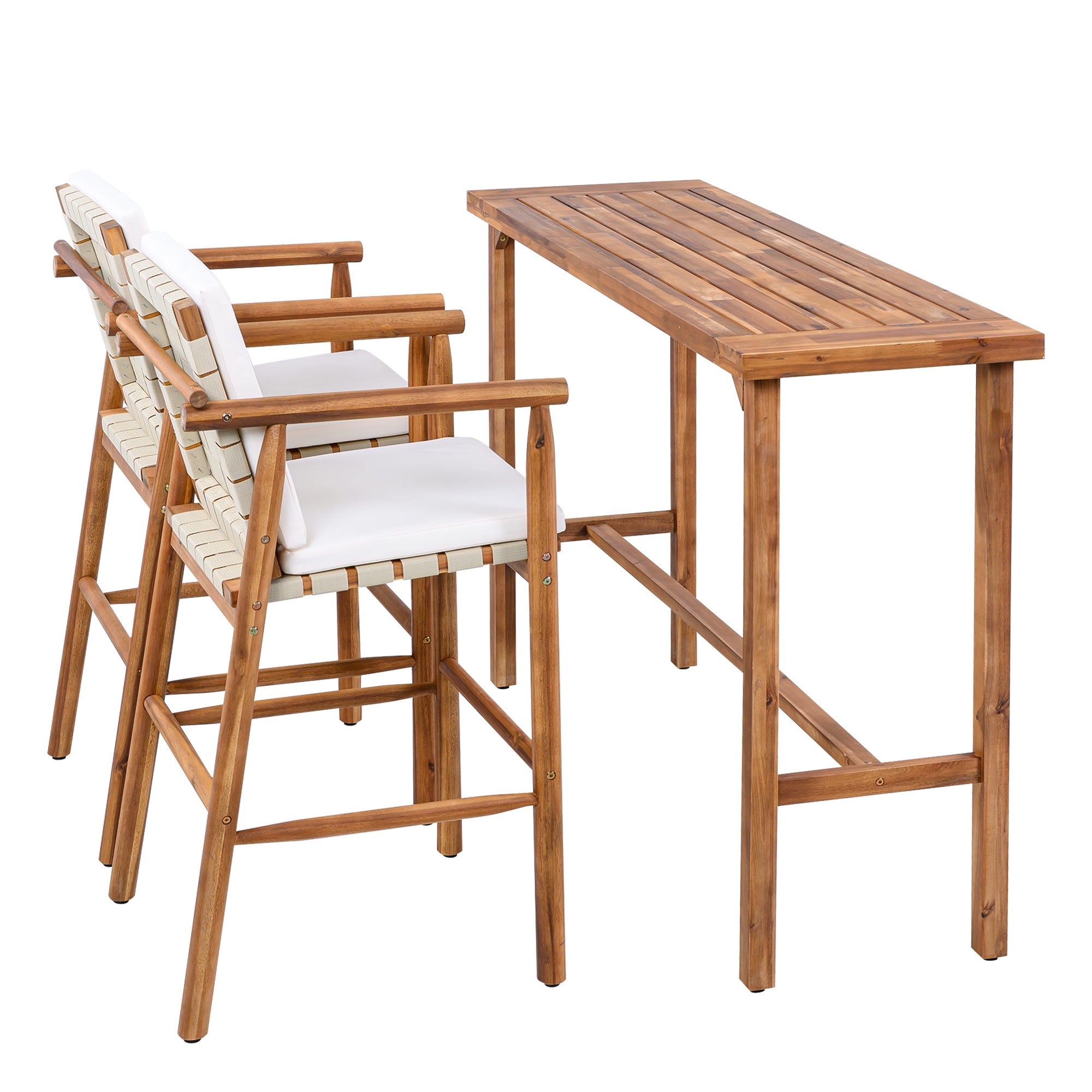 3 Piece Outdoor Bar Set with Acacia Wood Bar Height Table & 2 Stools with Cushions