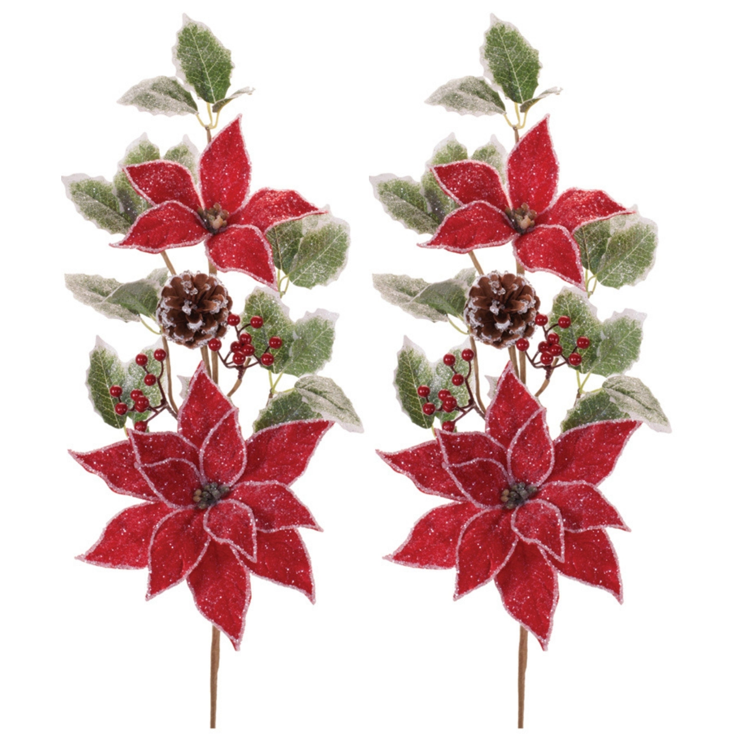Poinsettia Floral and Holly Spray, Set of 2