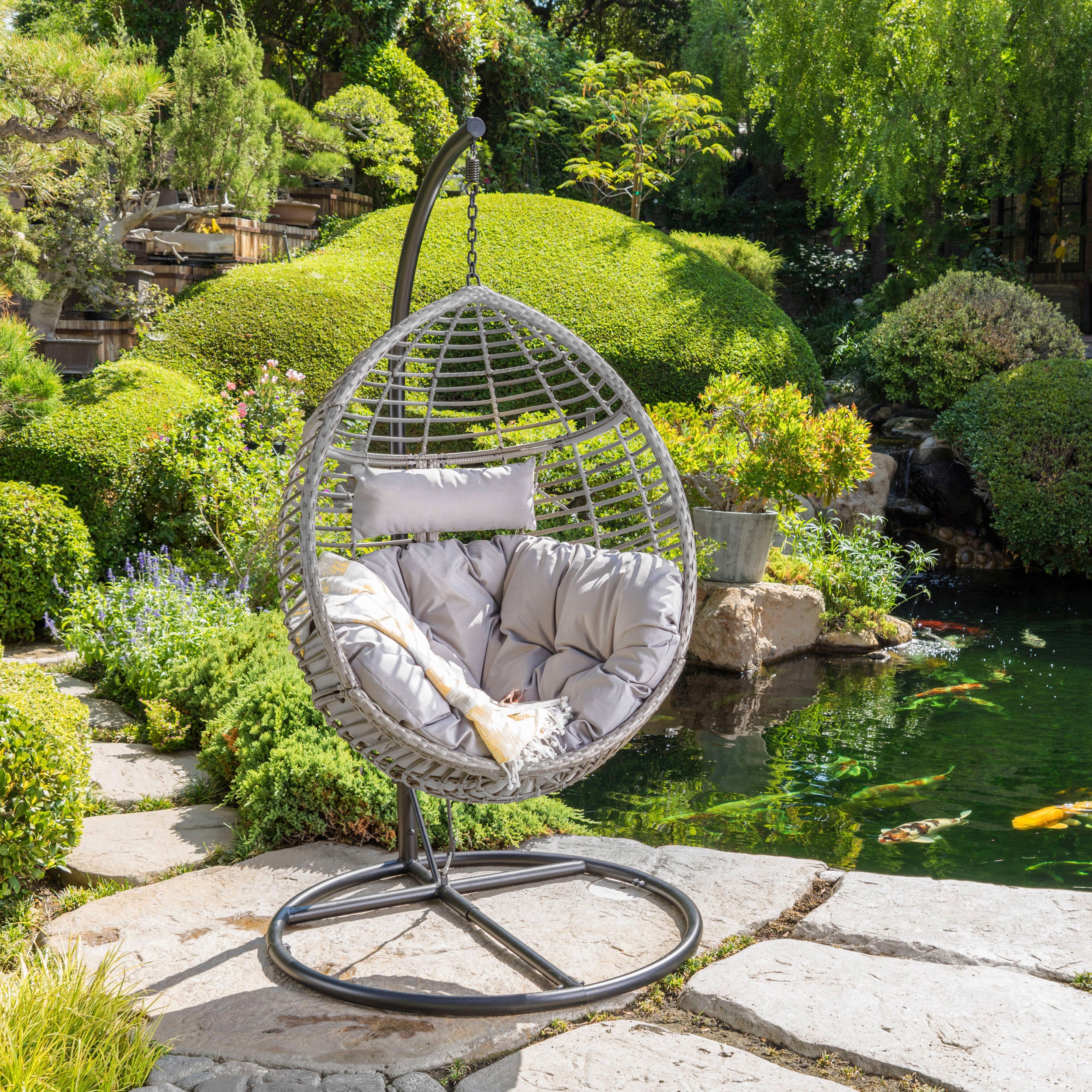 Liberation Outdoor Hanging Basket Chair with Metal Frame and Seat Cushion