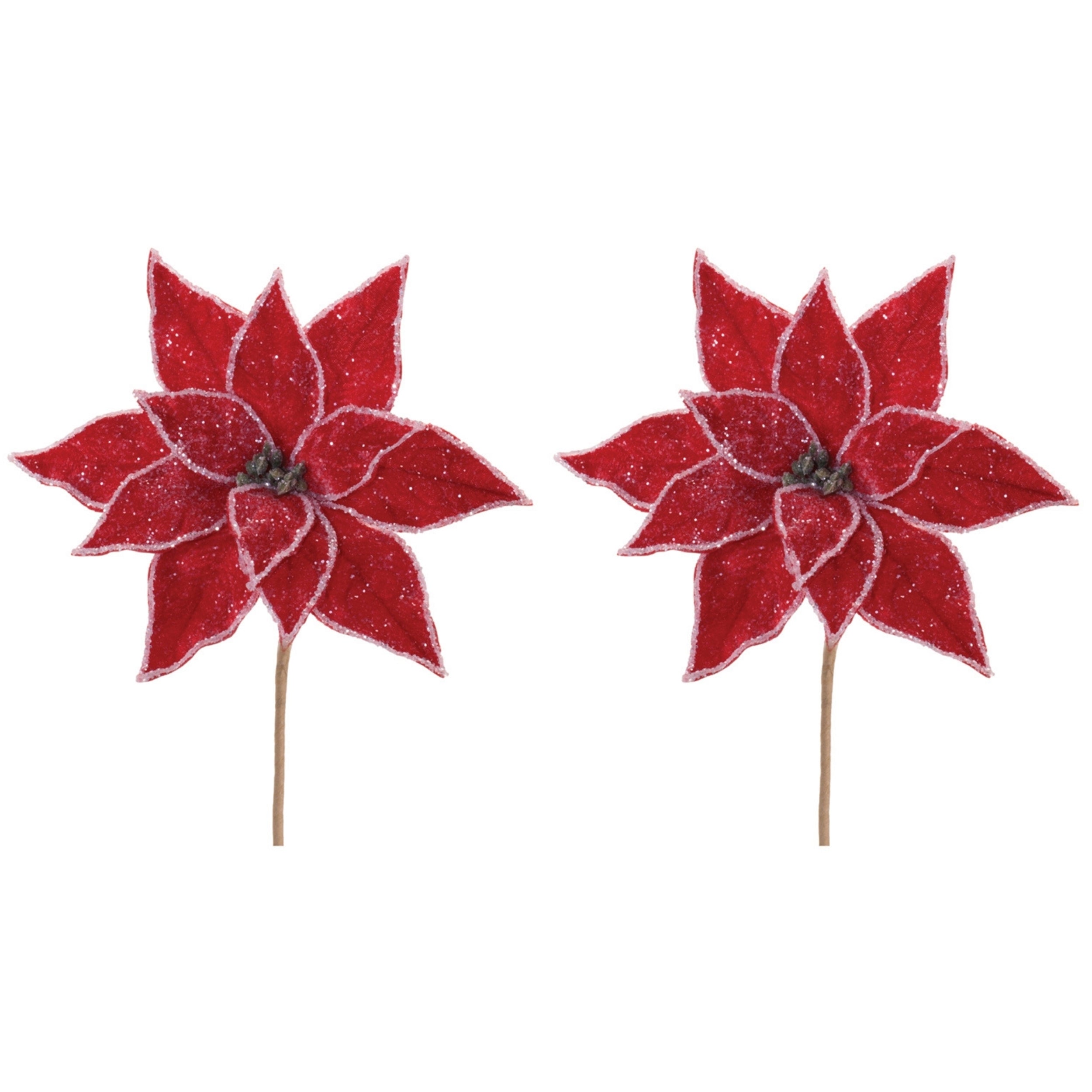Glittered Poinsettia Flower Stem in Red 22.75"L, Set of 2