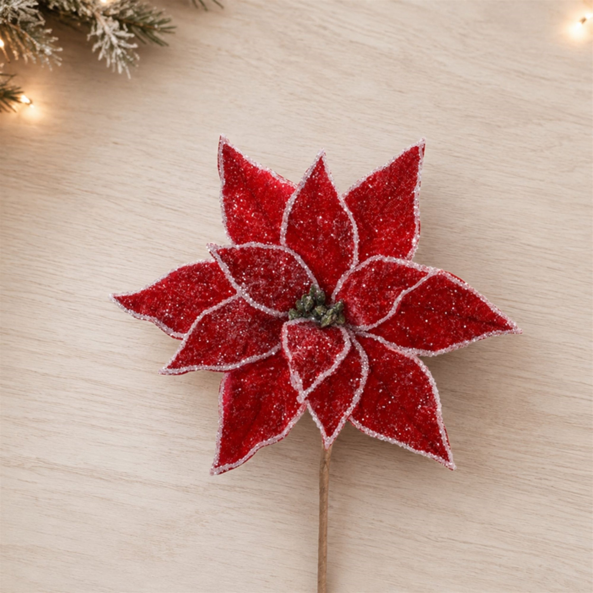 Glittered Poinsettia Flower Stem in Red 22.75"L, Set of 2