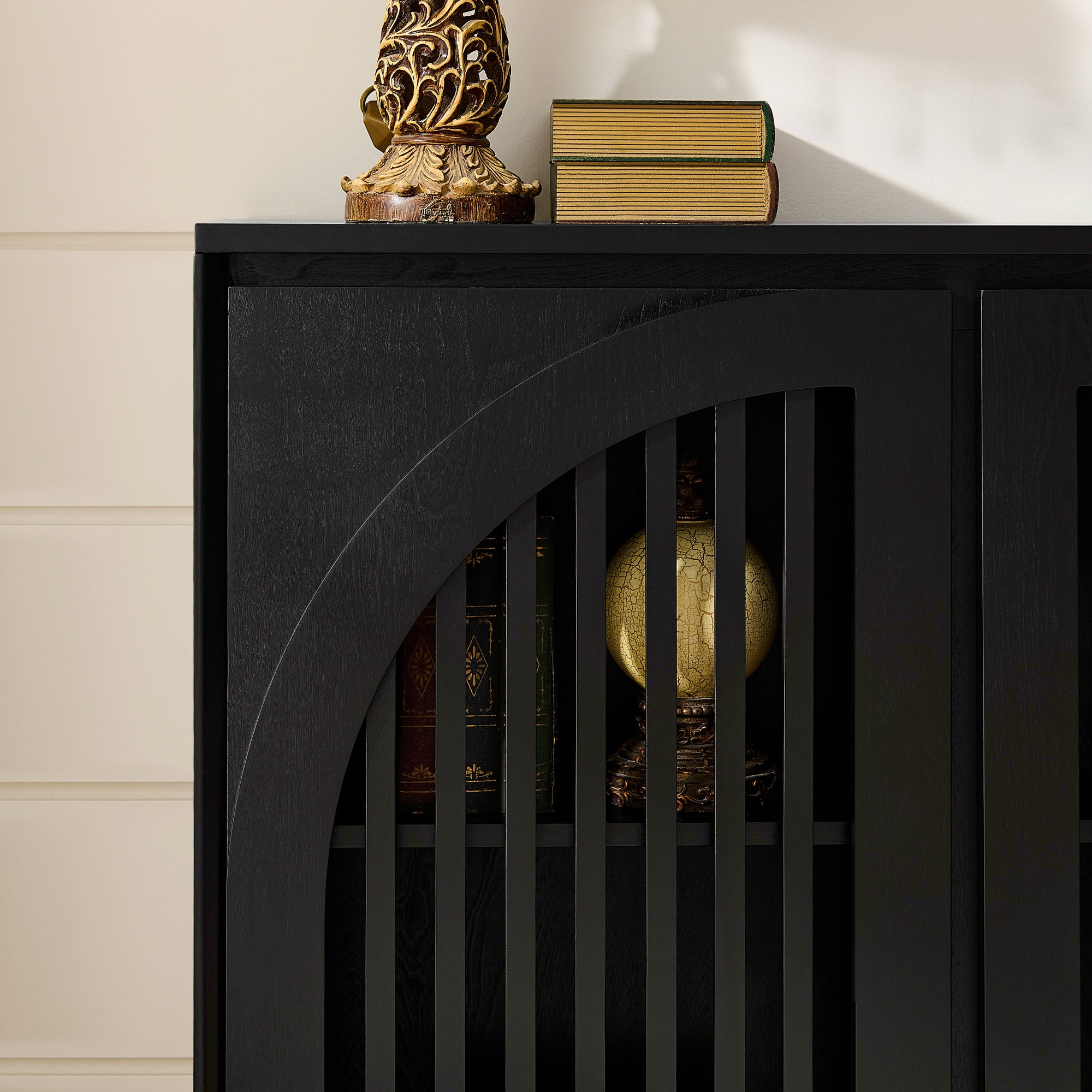 Mid-Century Modern Fluted Narrow Storage Cabinet with 2 Outlet Holes