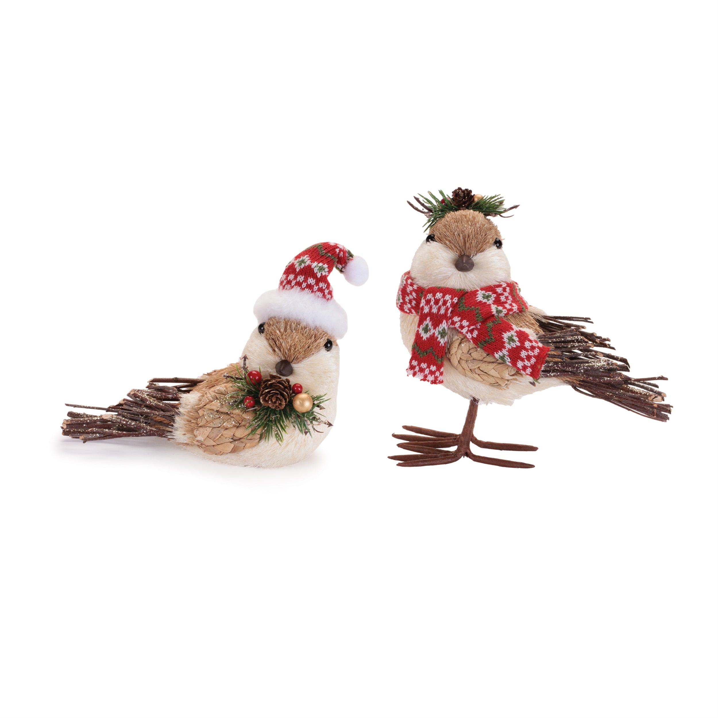 Winter Bird Figurines with Knit Hats and Scarves, Set of 2