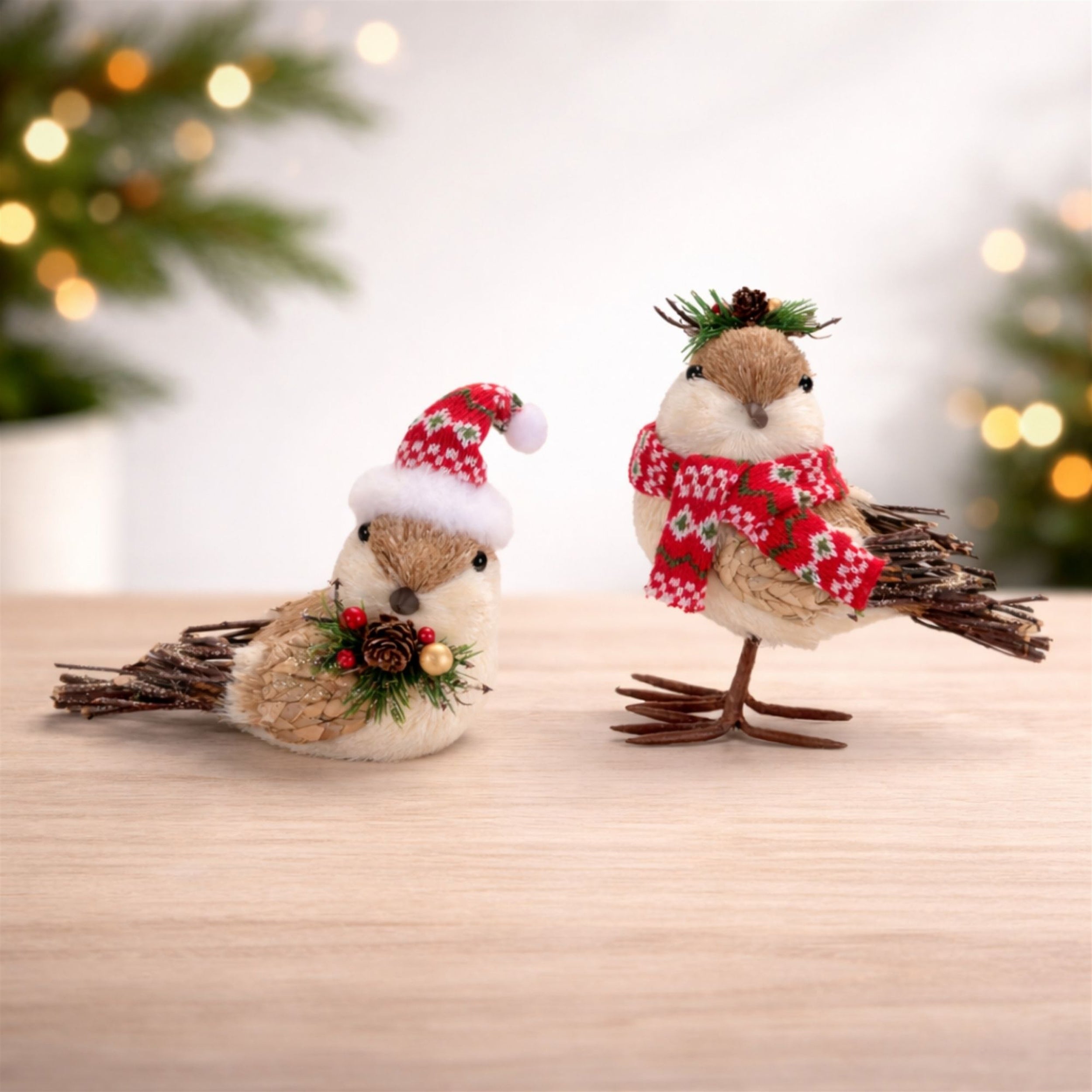 Winter Bird Figurines with Knit Hats and Scarves, Set of 2