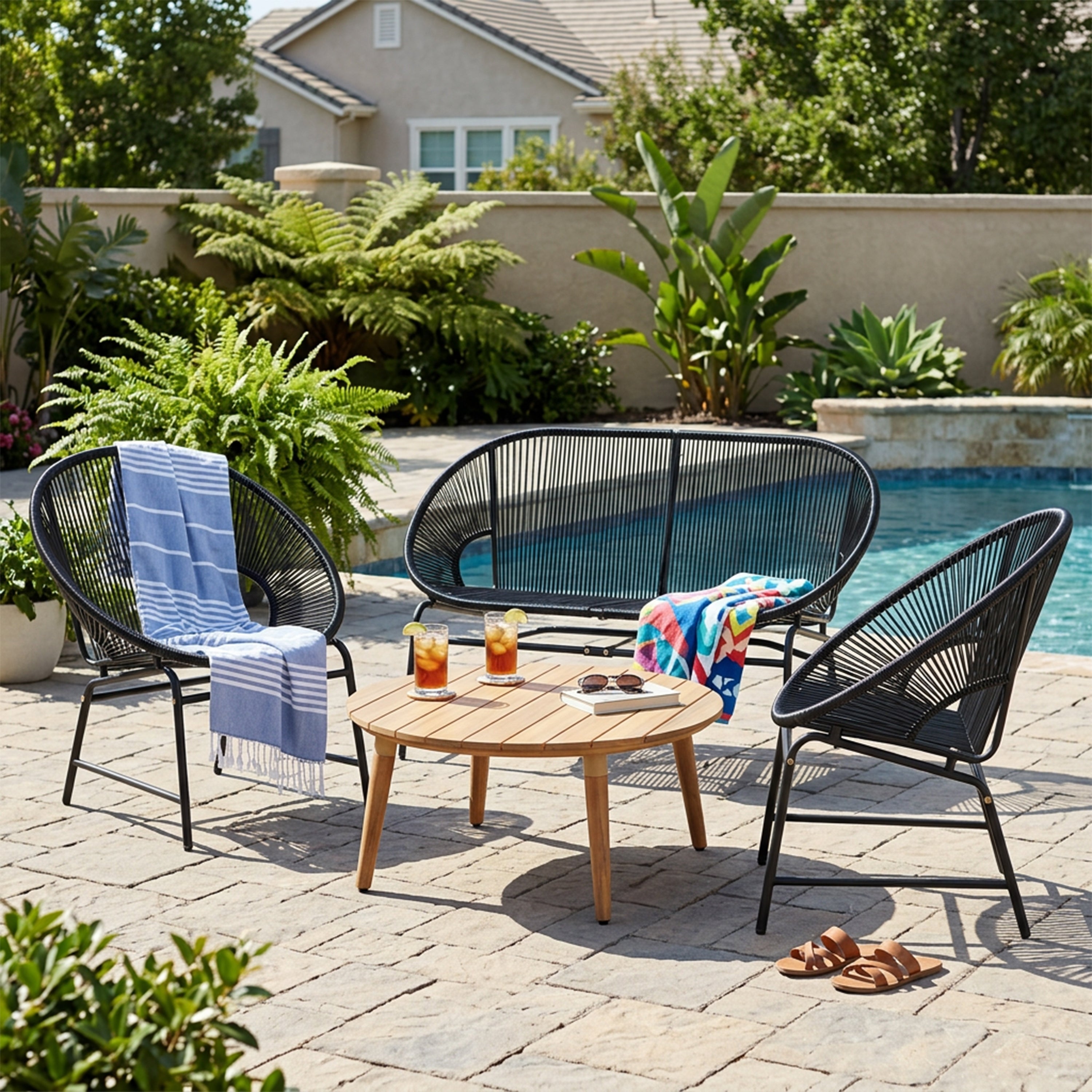 NUSA OUTDOOR PATIO 4-PCS CHAT SET, TEAL PE RATTAN & IRON FRAM FURNITURE, ACACIA WOOD TABLE