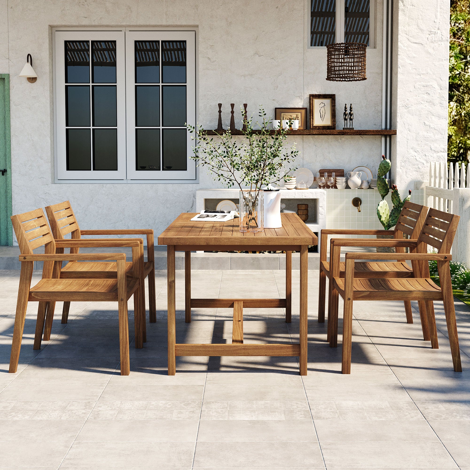 5-Piece Outdoor Acacia Wood Outdoor Dining Set, 59.06-Inch Rectangular Table with Umbrella Hole