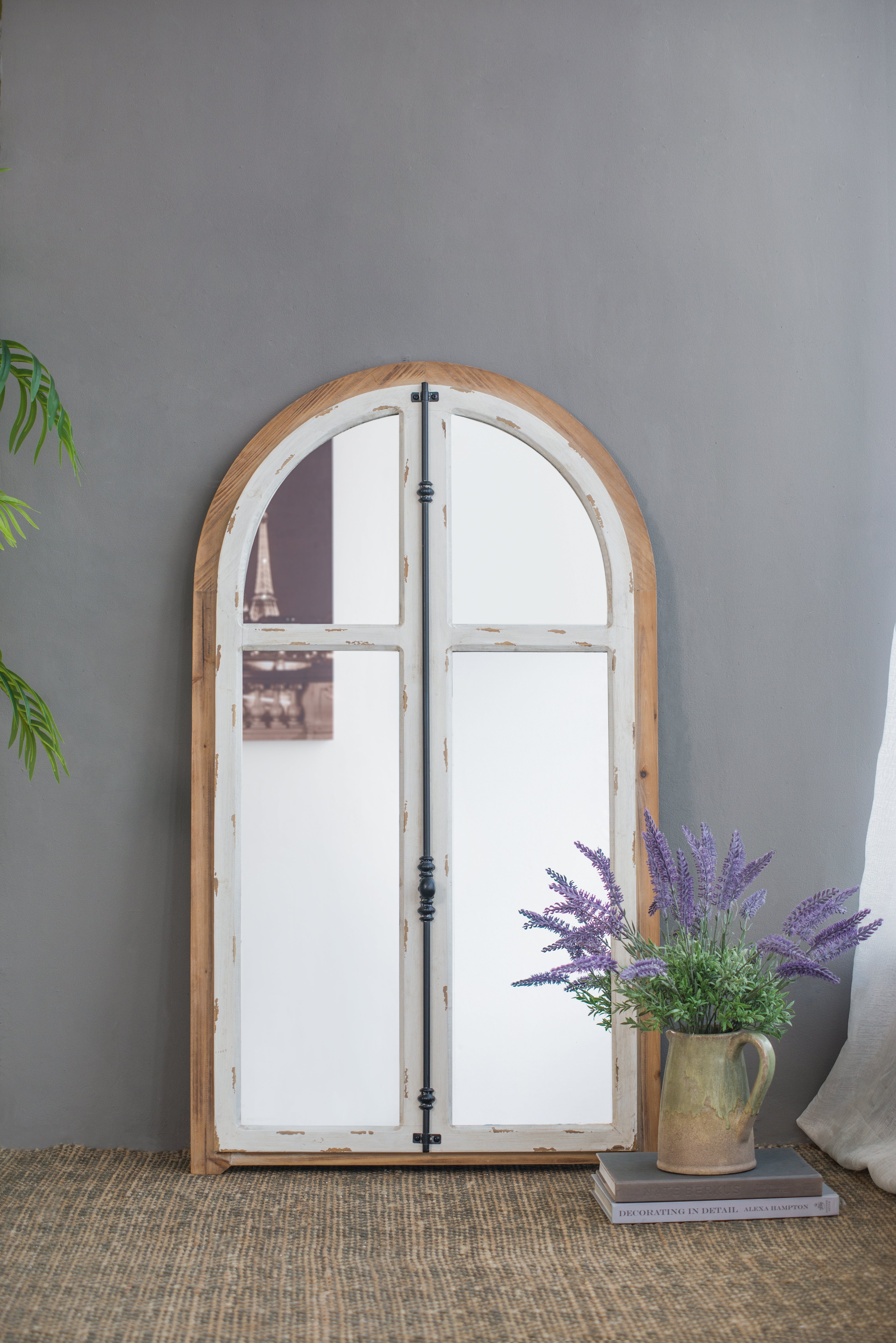 Wood Wall Mirror with Arched Window Design
