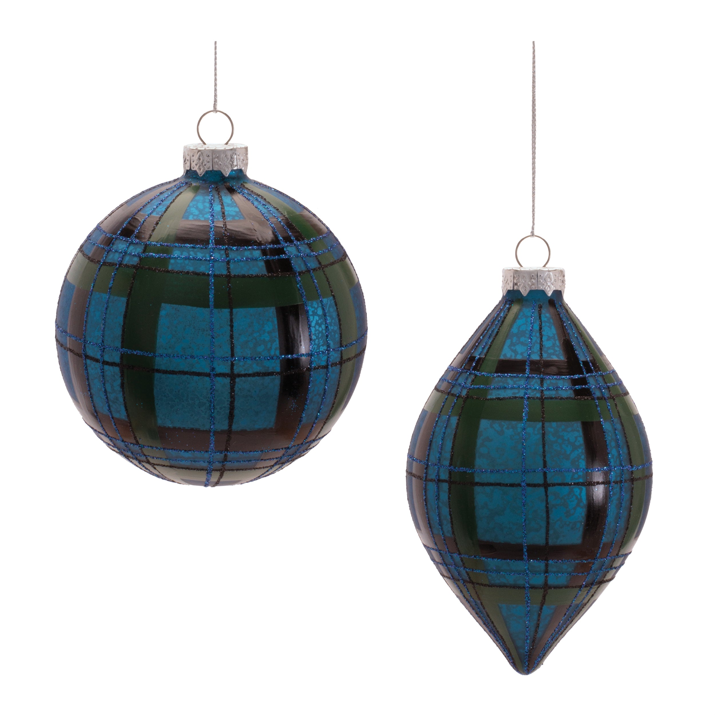 Plaid Glass Ornament in Blue, Set of 6