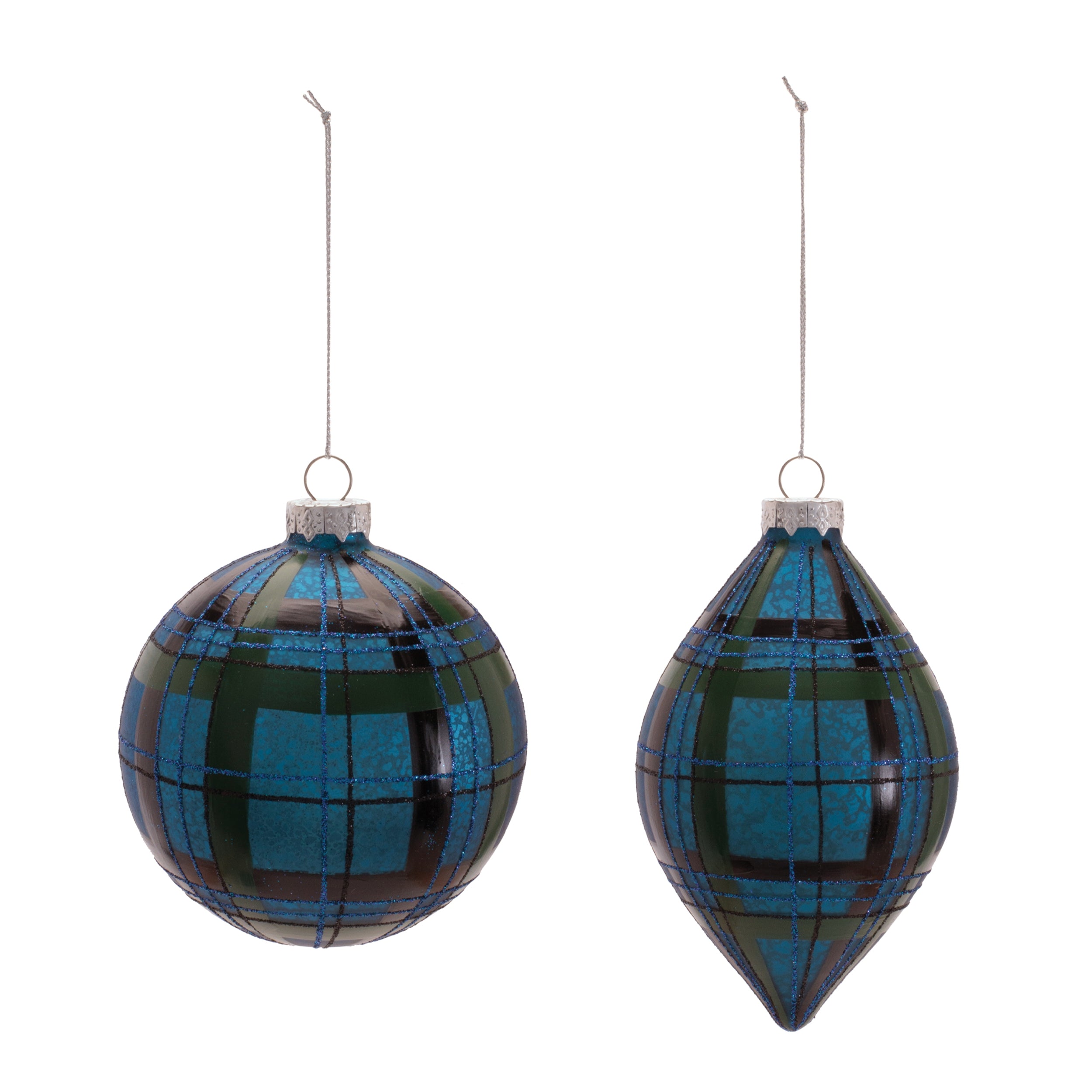 Plaid Glass Ornament in Blue, Set of 6