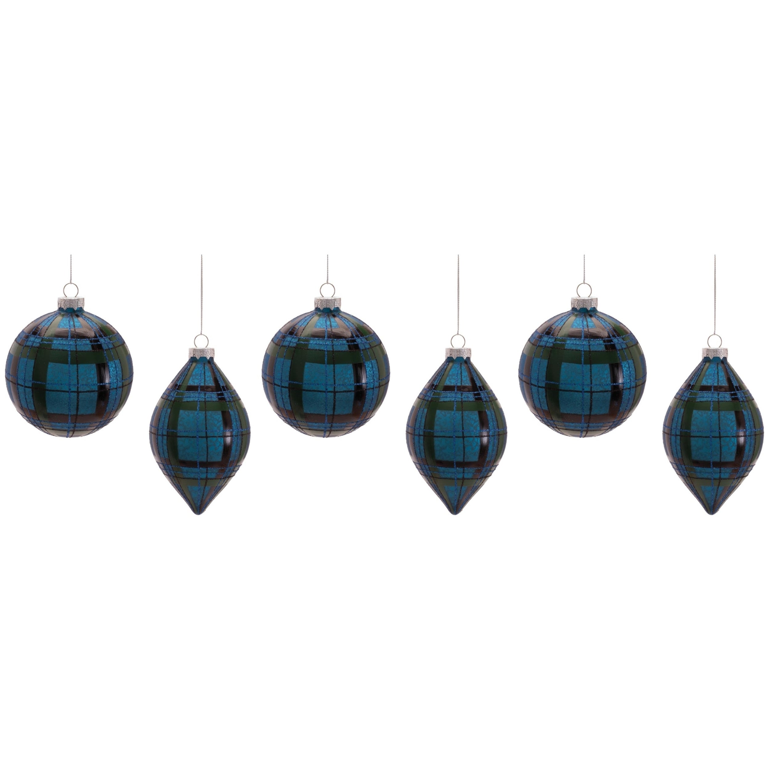 Plaid Glass Ornament in Blue, Set of 6