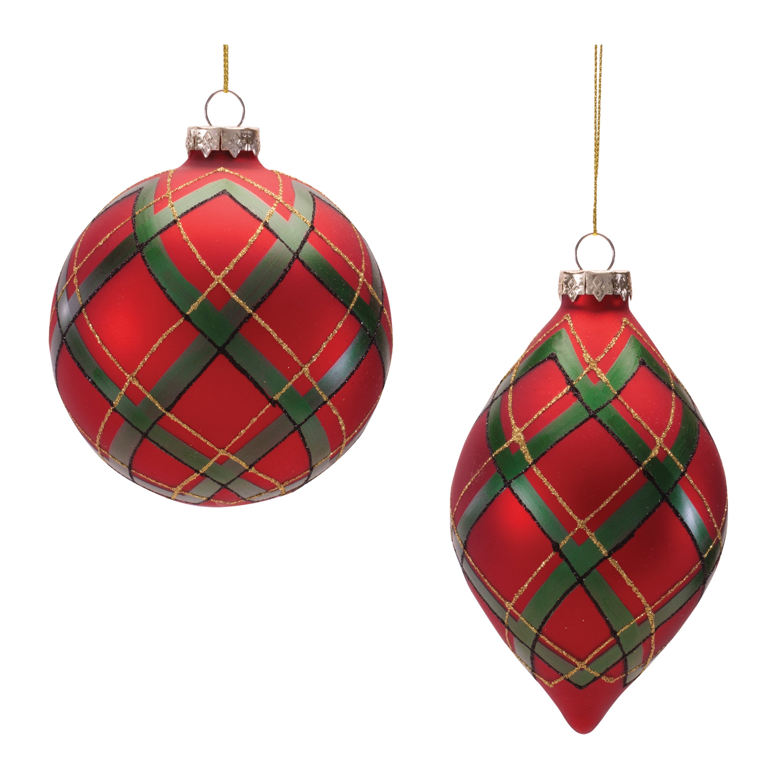 Plaid Glass Ornament in Red, Set of 6