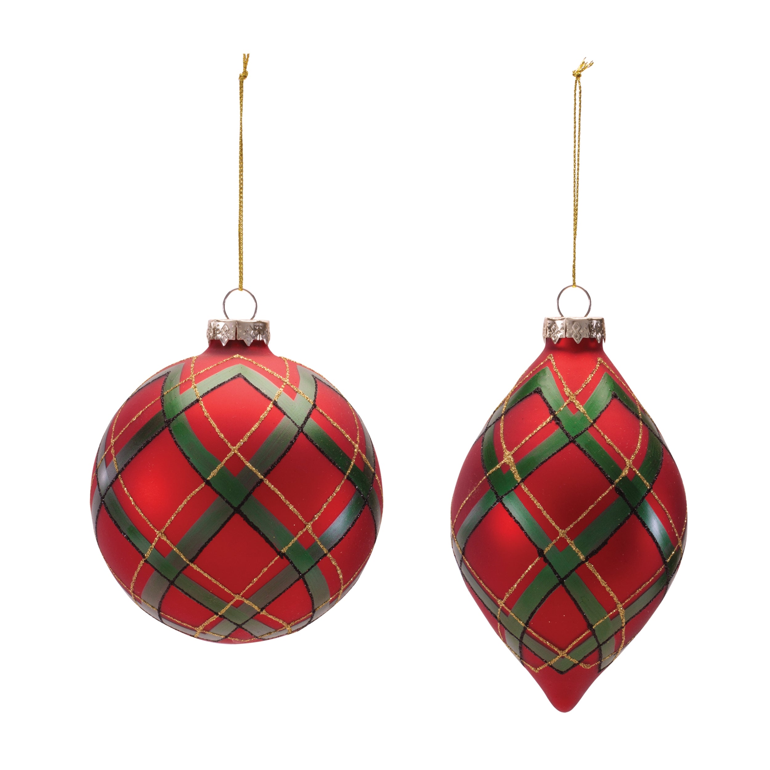 Plaid Glass Ornament in Red, Set of 6