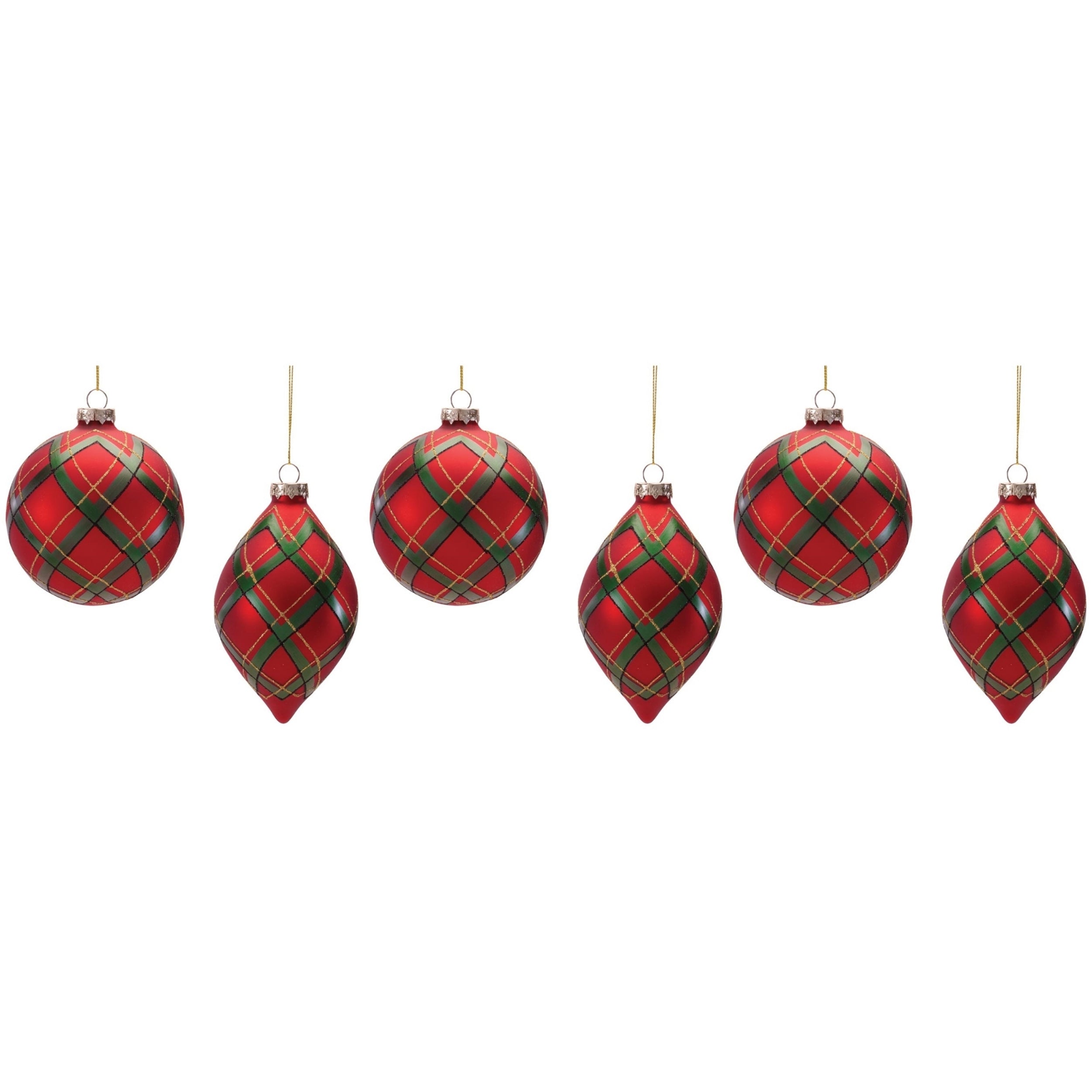 Plaid Glass Ornament in Red, Set of 6