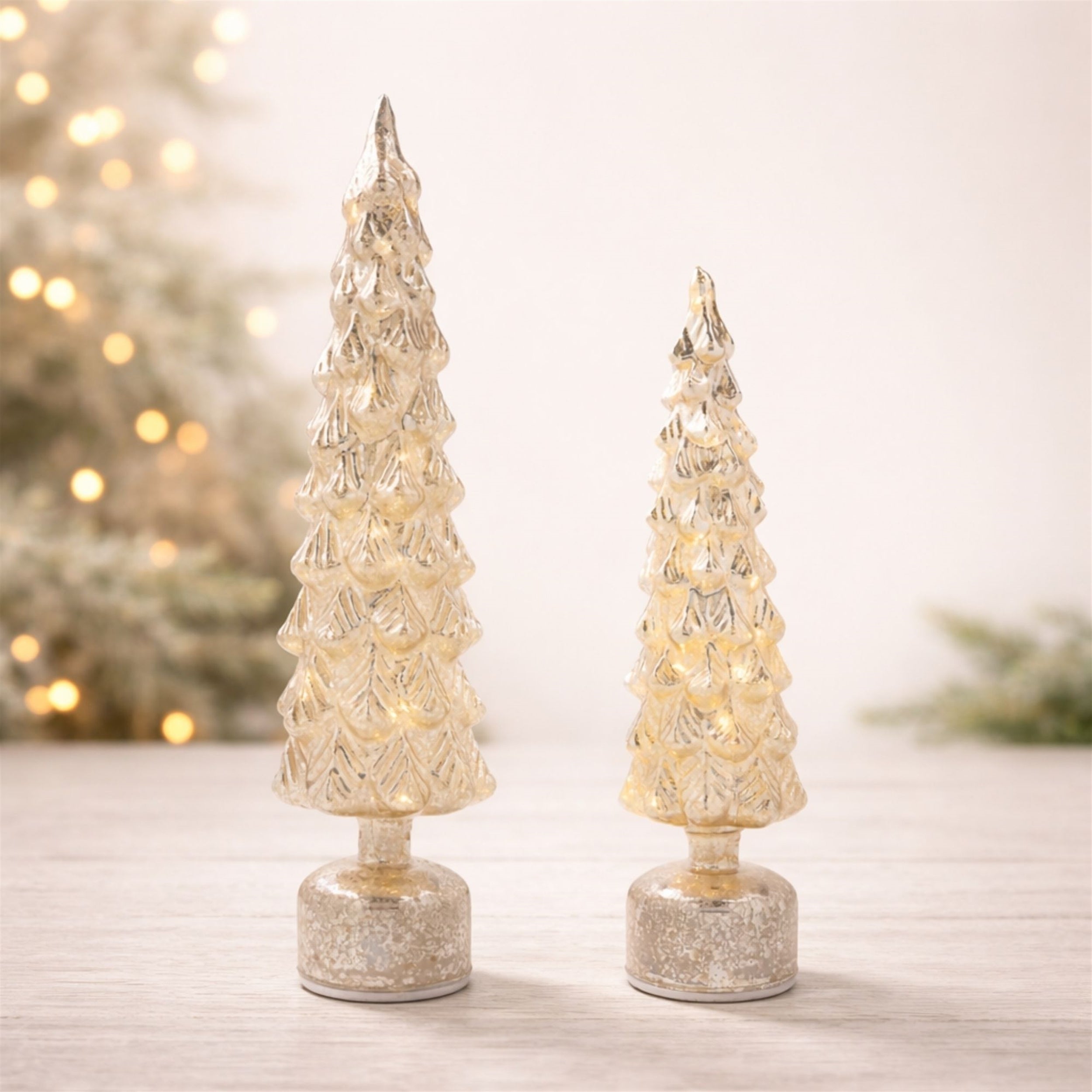 LED Mercury Glass Rotating Pine Tree, Set of 2