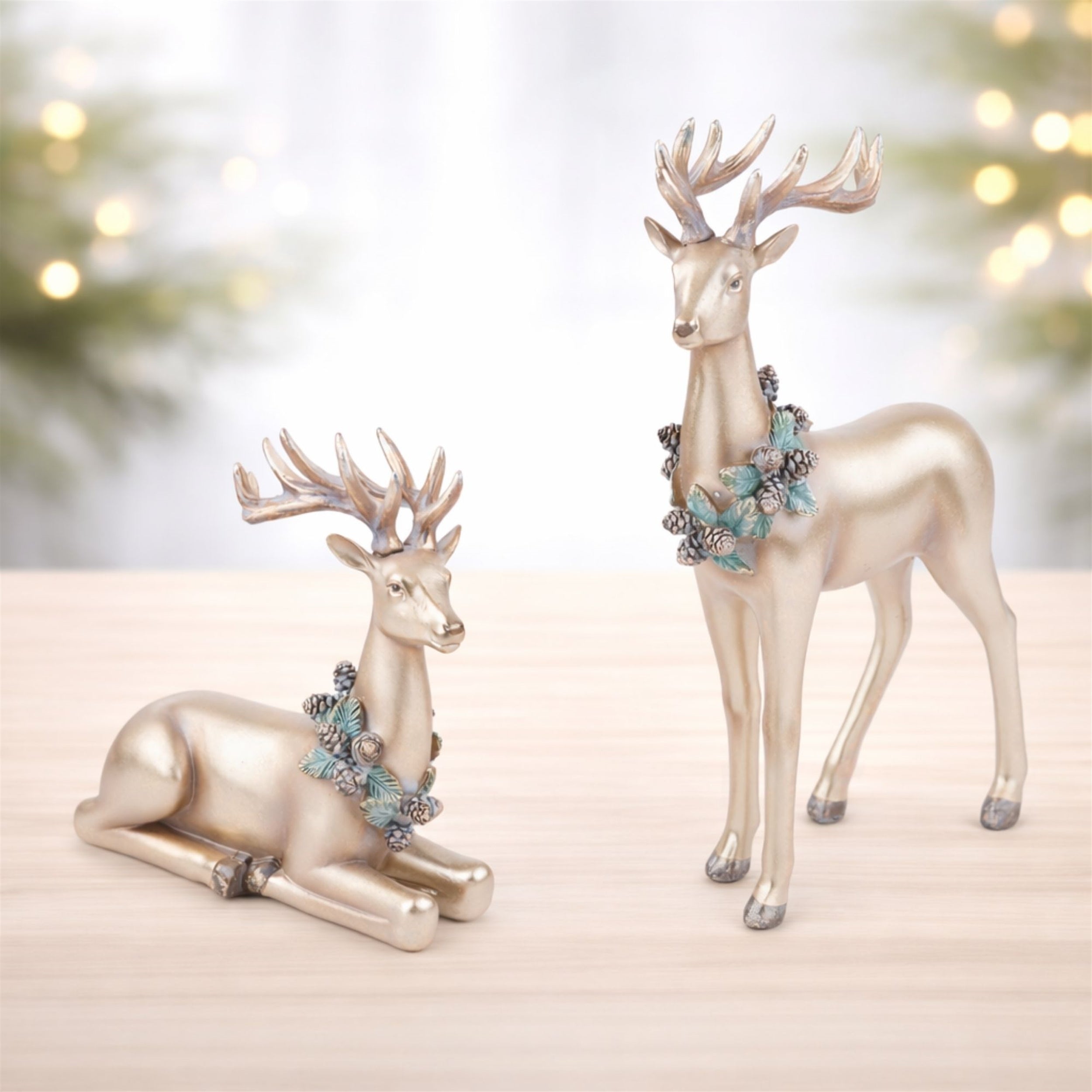 Metallic Deer with Wreath Figurine, Set of 2