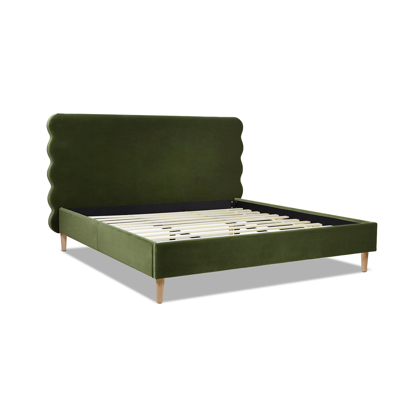 Essencee Upholstered Platform Bed with Wavy Headboard and Wood Legs