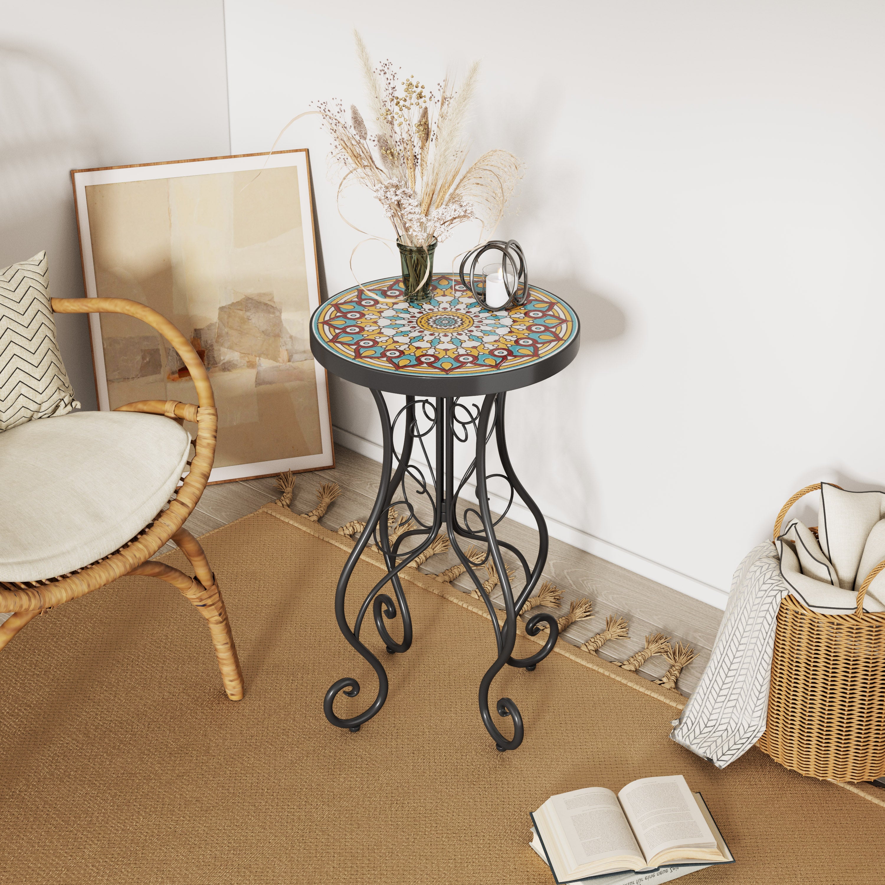 Unending Outdoor Ceramic Tile Side Table with Medallion Design