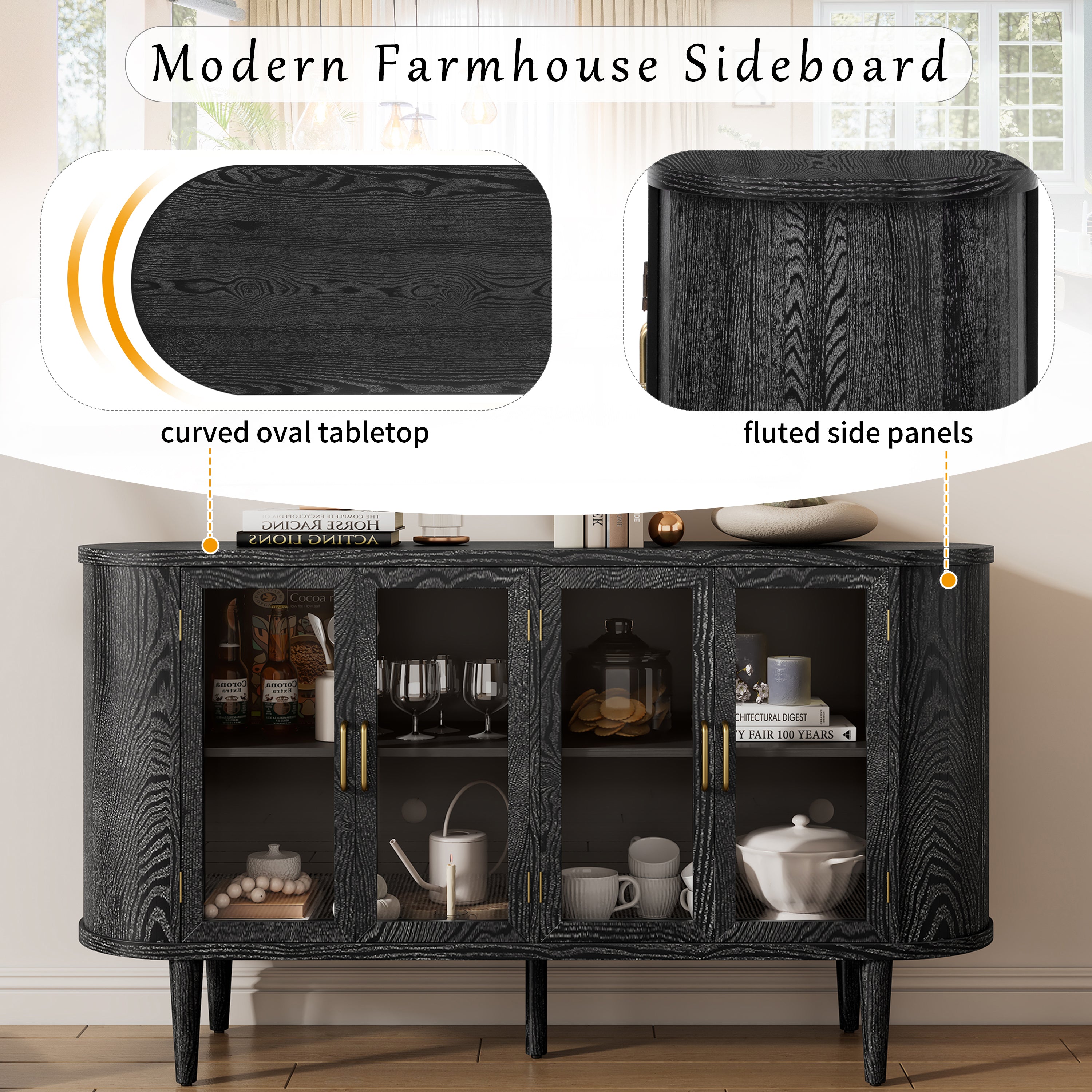 Wood Buffet Cabinet with Glass Doors and Adjustable Shelves