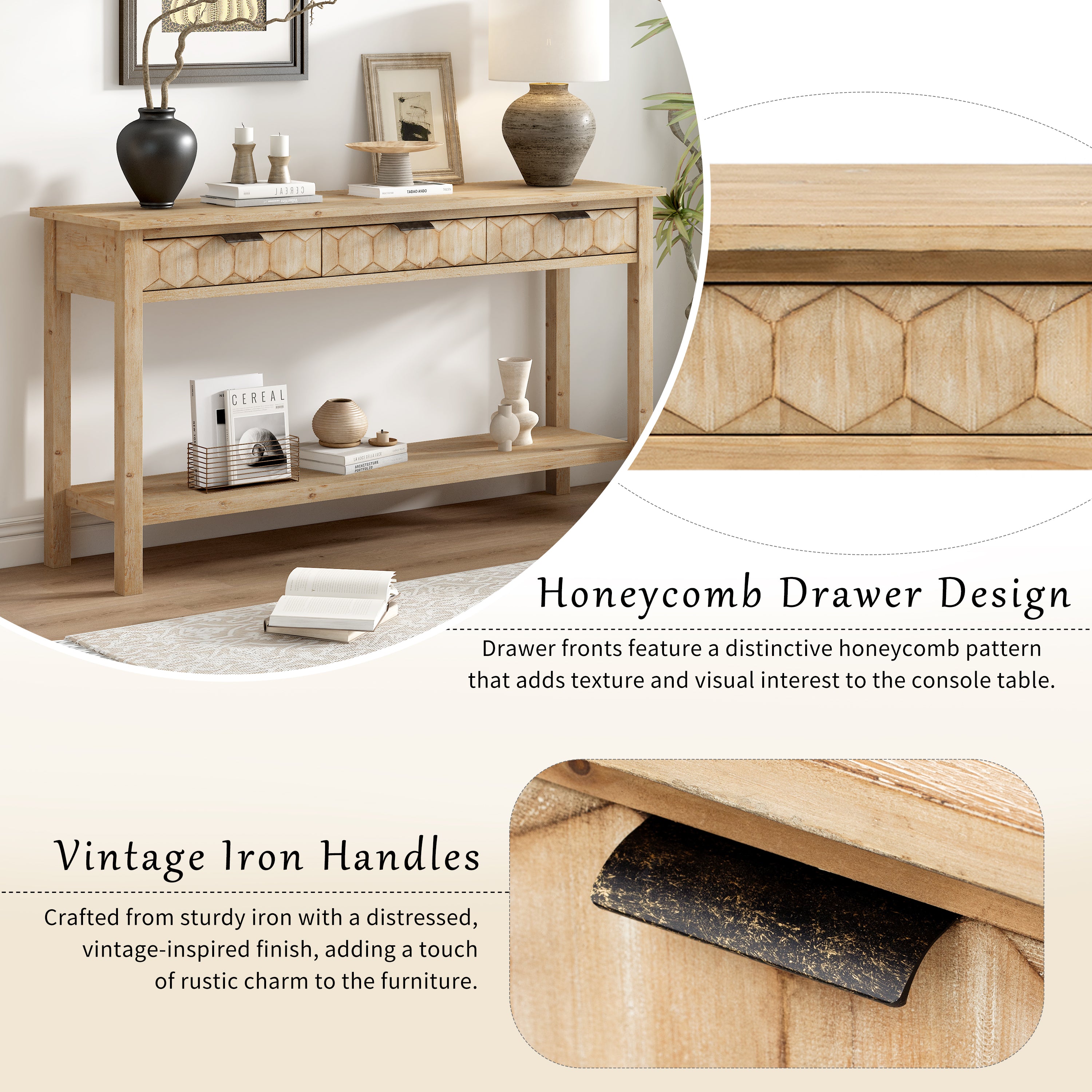 Honeycomb Pattern Console Table with 3 Drawers