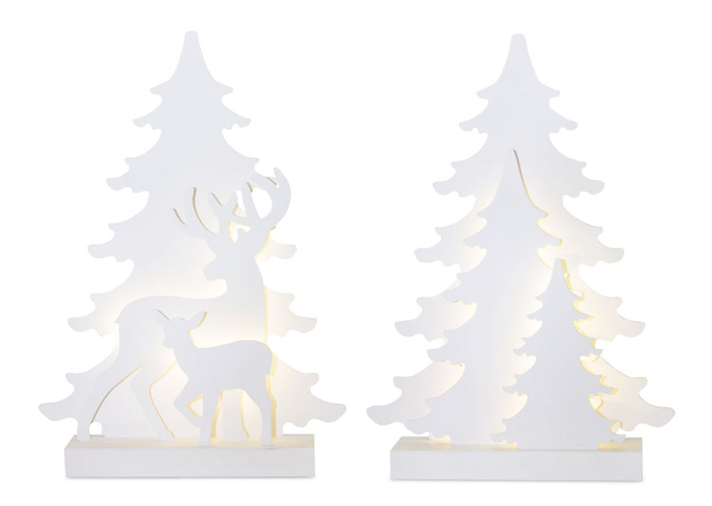 LED Lighted Tabletop Pine Tree Display with Deer Accent, Set of 2