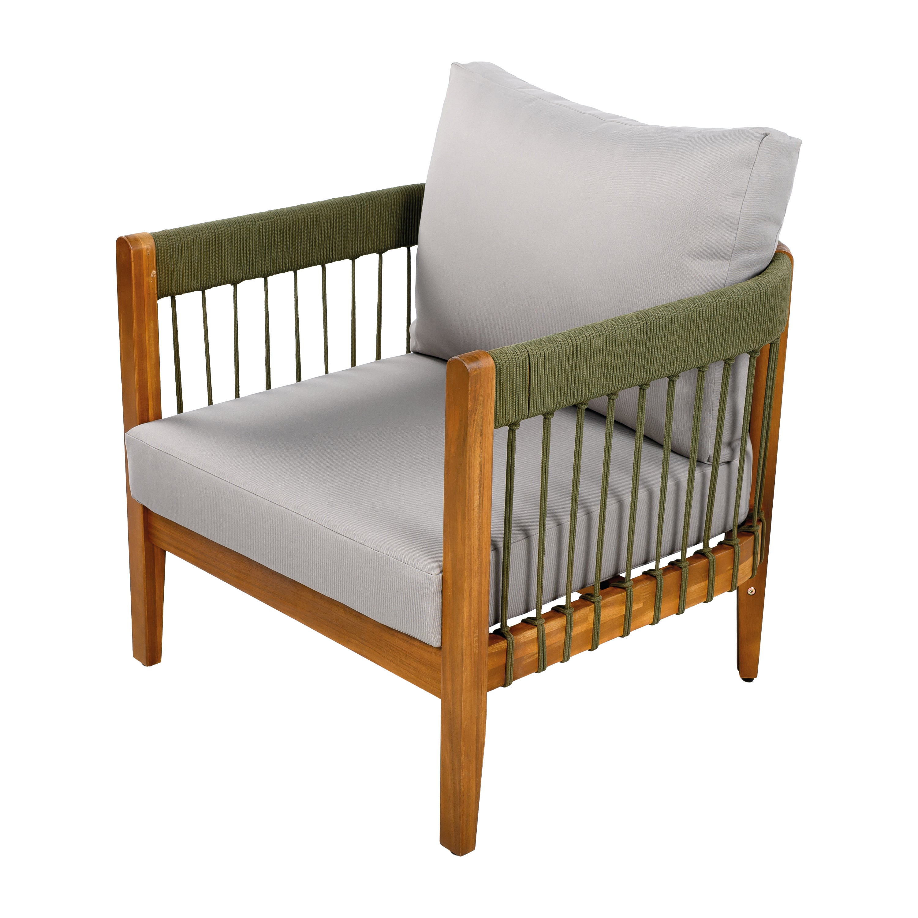 Azari Outdoor Acacia Wood Club Chair with Handwoven Rope Accents & Curved Backrest