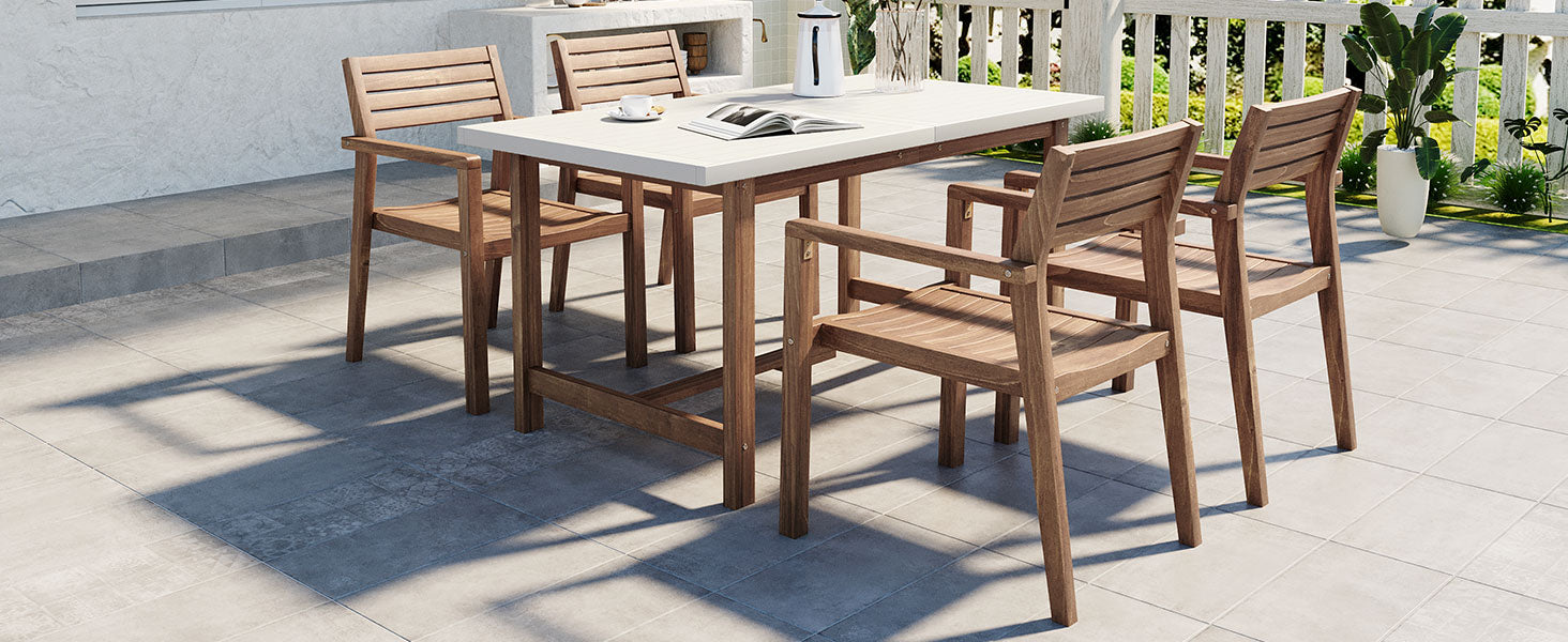 U_STYLE 5-Piece Outdoor Acacia Wood Outdoor Dining Set of 4,59.06-Inch Rectangular Table with Umbrella Hole,Suitable for Patio, Lawn, Garden, Poolside, & Indoor Use