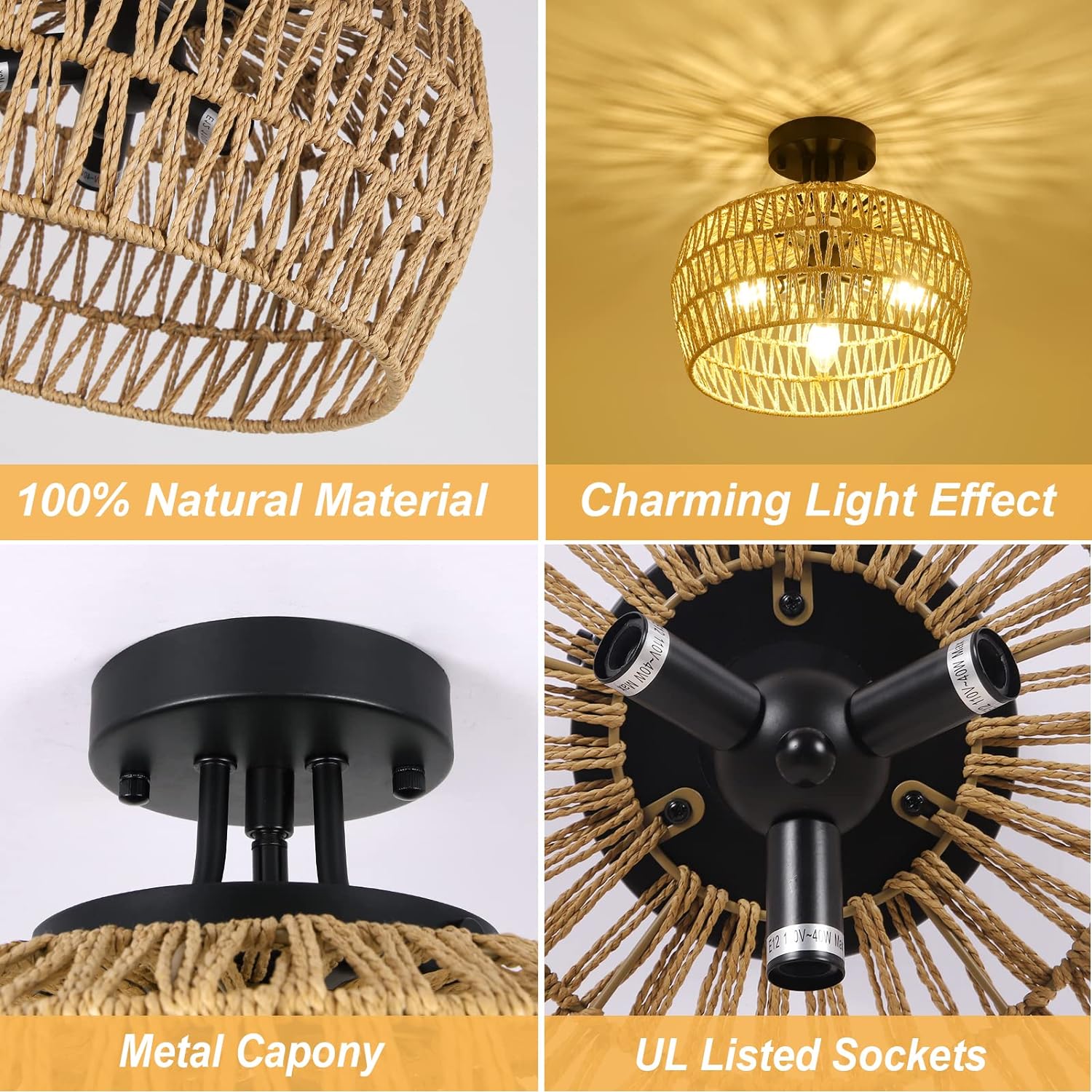 3-Light Semi Flush Mount Ceiling Light with Handmade Wicker Lampshade