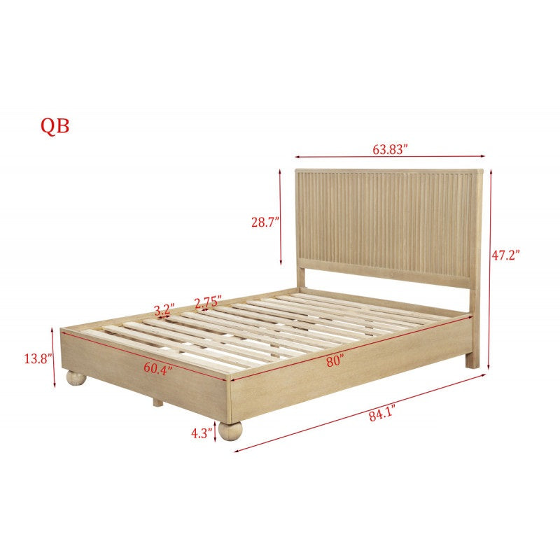 Fluted Modern Light Oak Wooden Platform Bed – Modern Minimalist Design, Light Oak Finish
