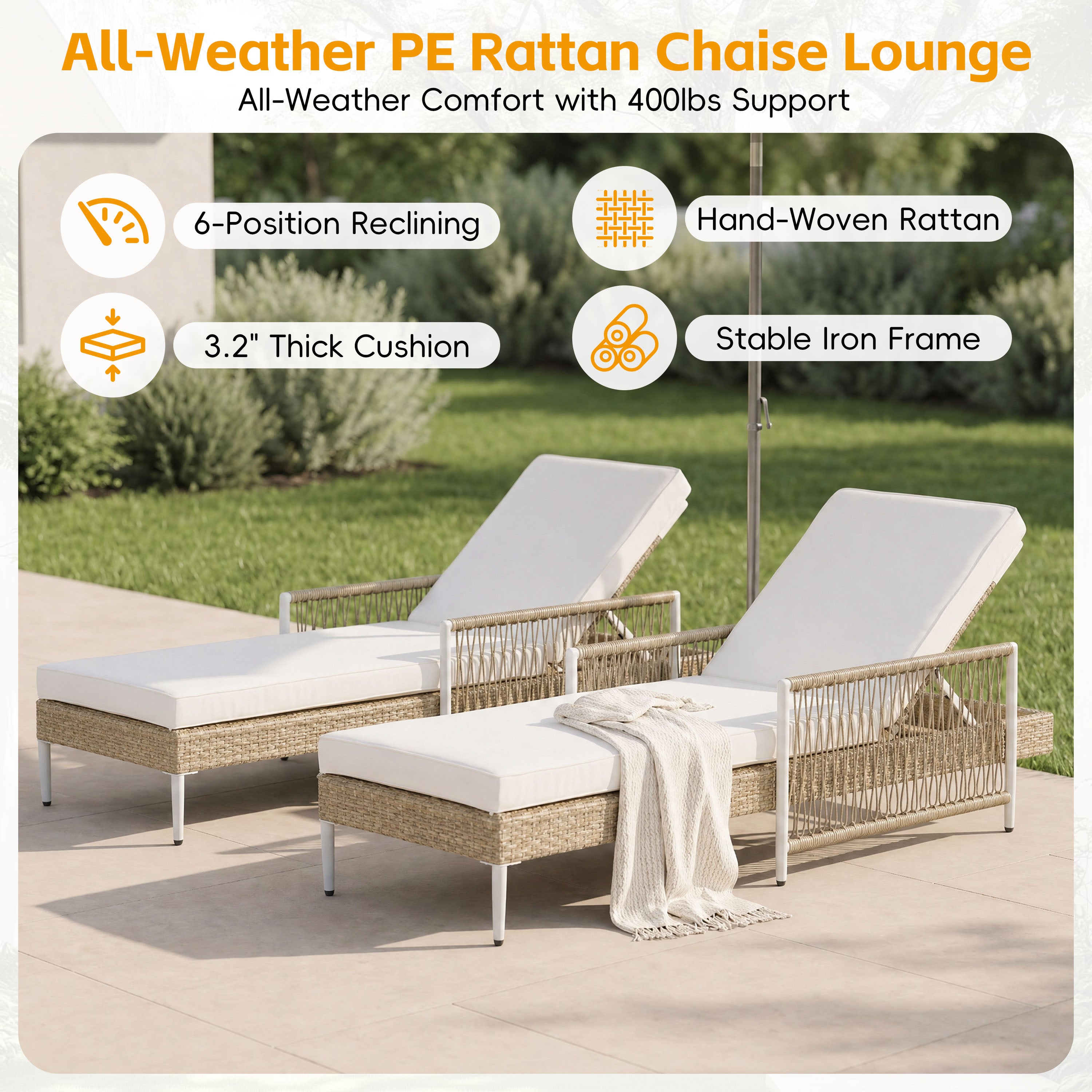 Outdoor All-Weather PE Rattan Chaise Lounge with 6 Gear Adjustable Recliner, Arms and Cushion