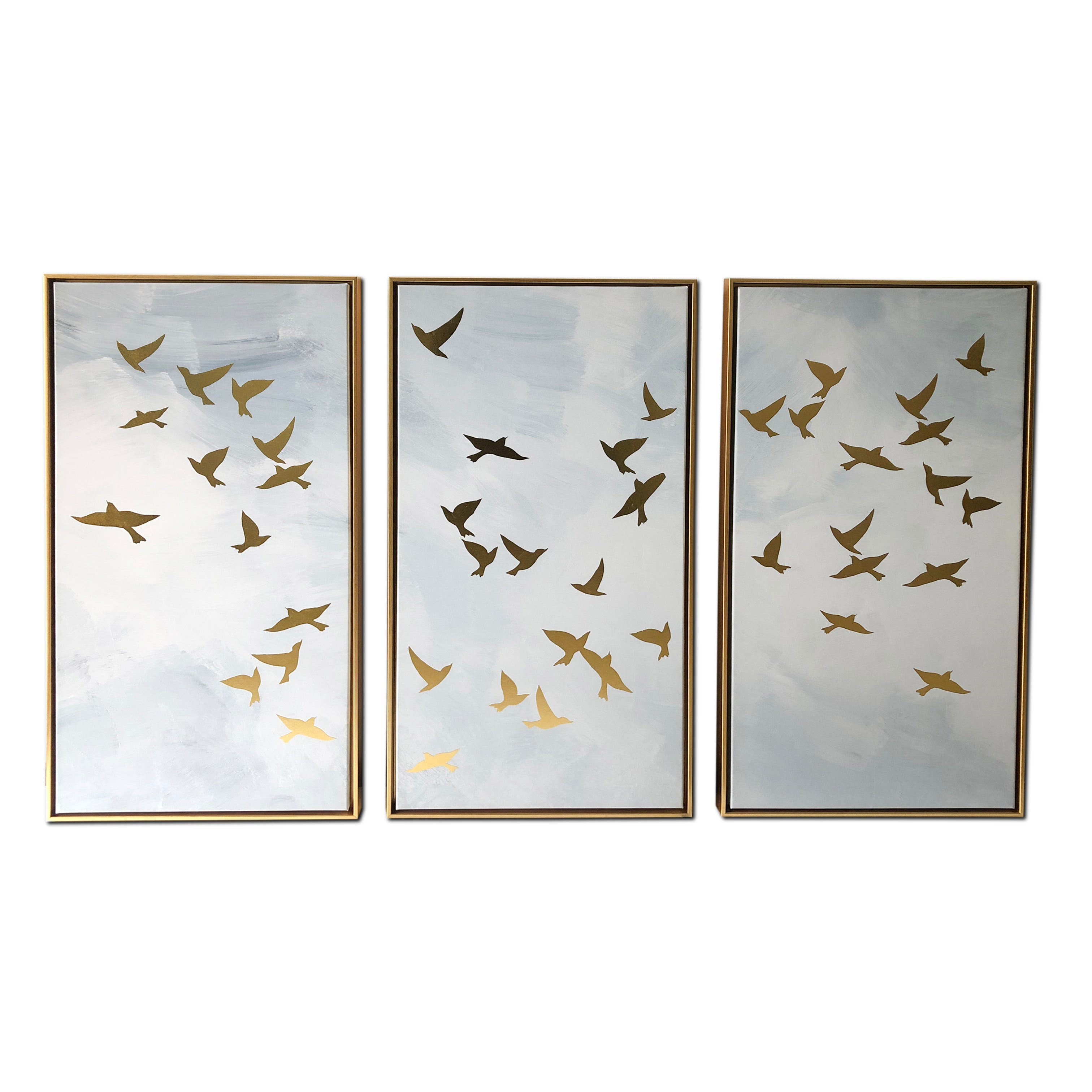 Golden Birds 3-Piece Set Print on Gold Floating Framed Canvas Wall Art, 48"x30"