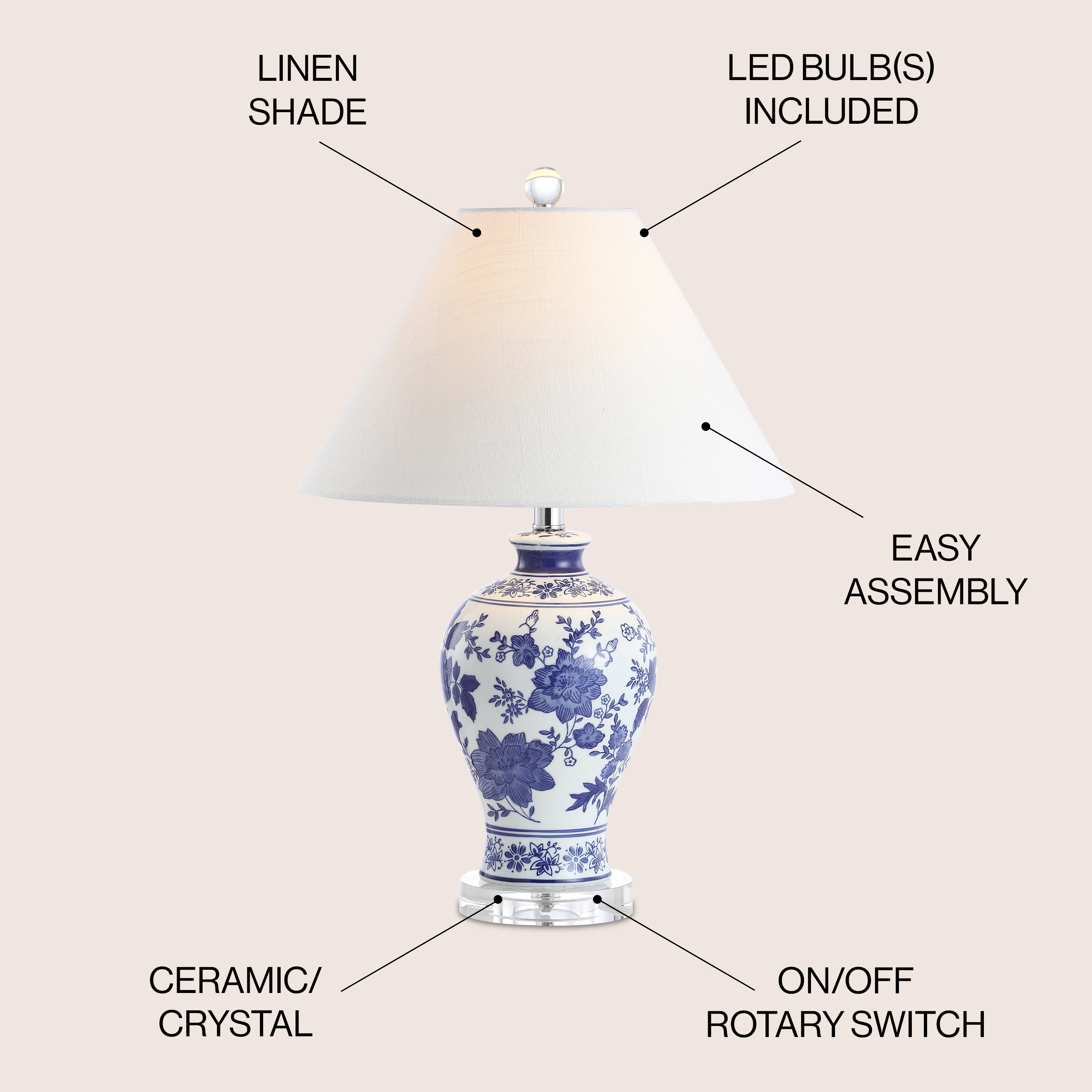 Song Ceramic/Crystal Chinoiserie Floral LED Table Lamp