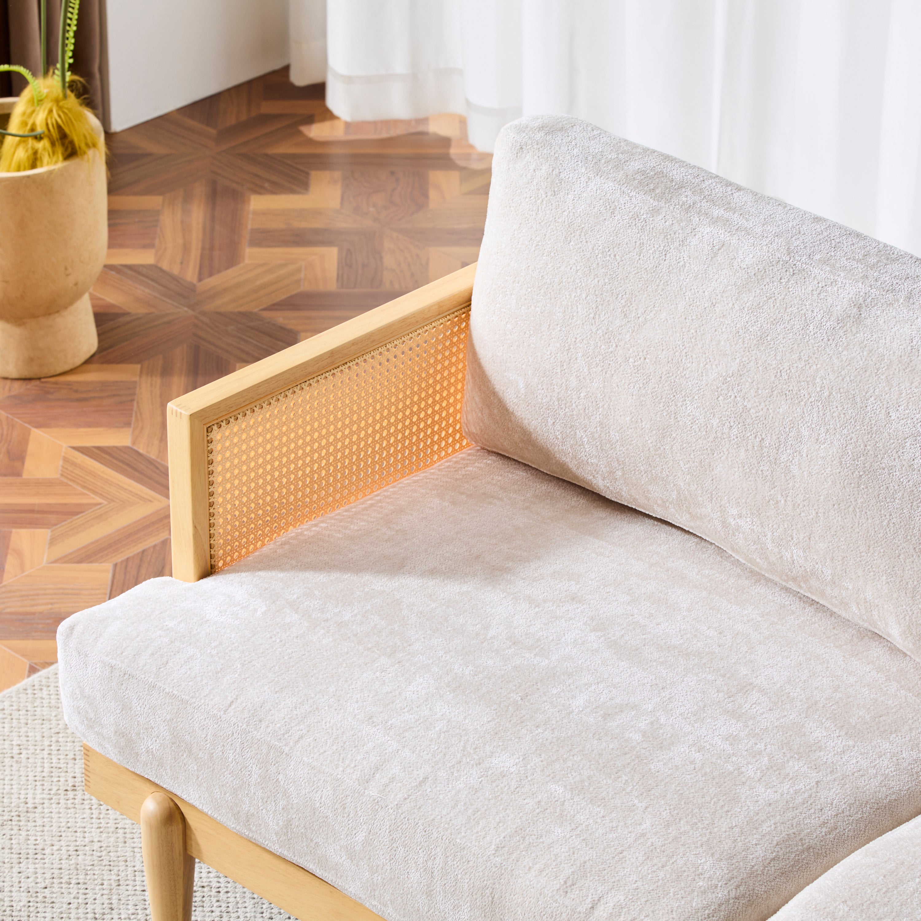 3-Seater Sofa with Cane Rattan and Wooden Frame