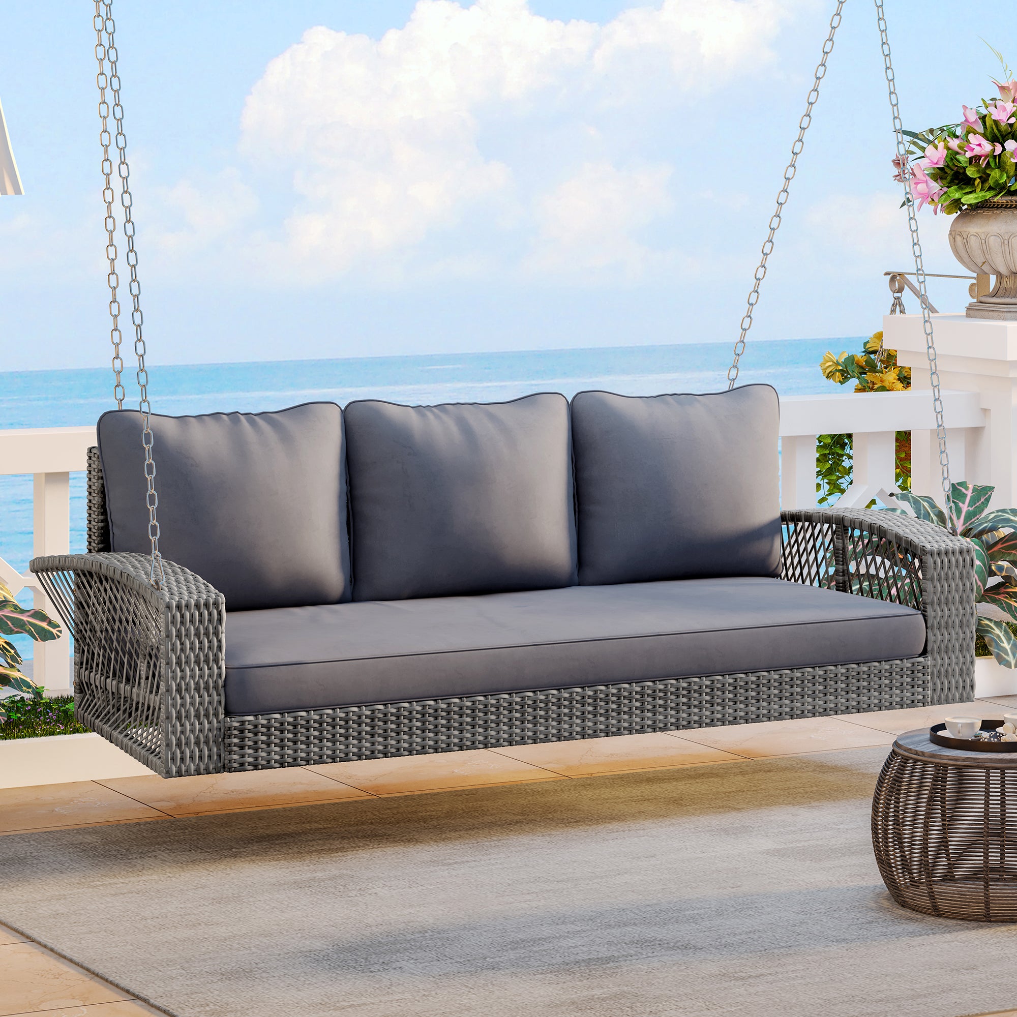 3-Person Large Porch Swing with Cushions