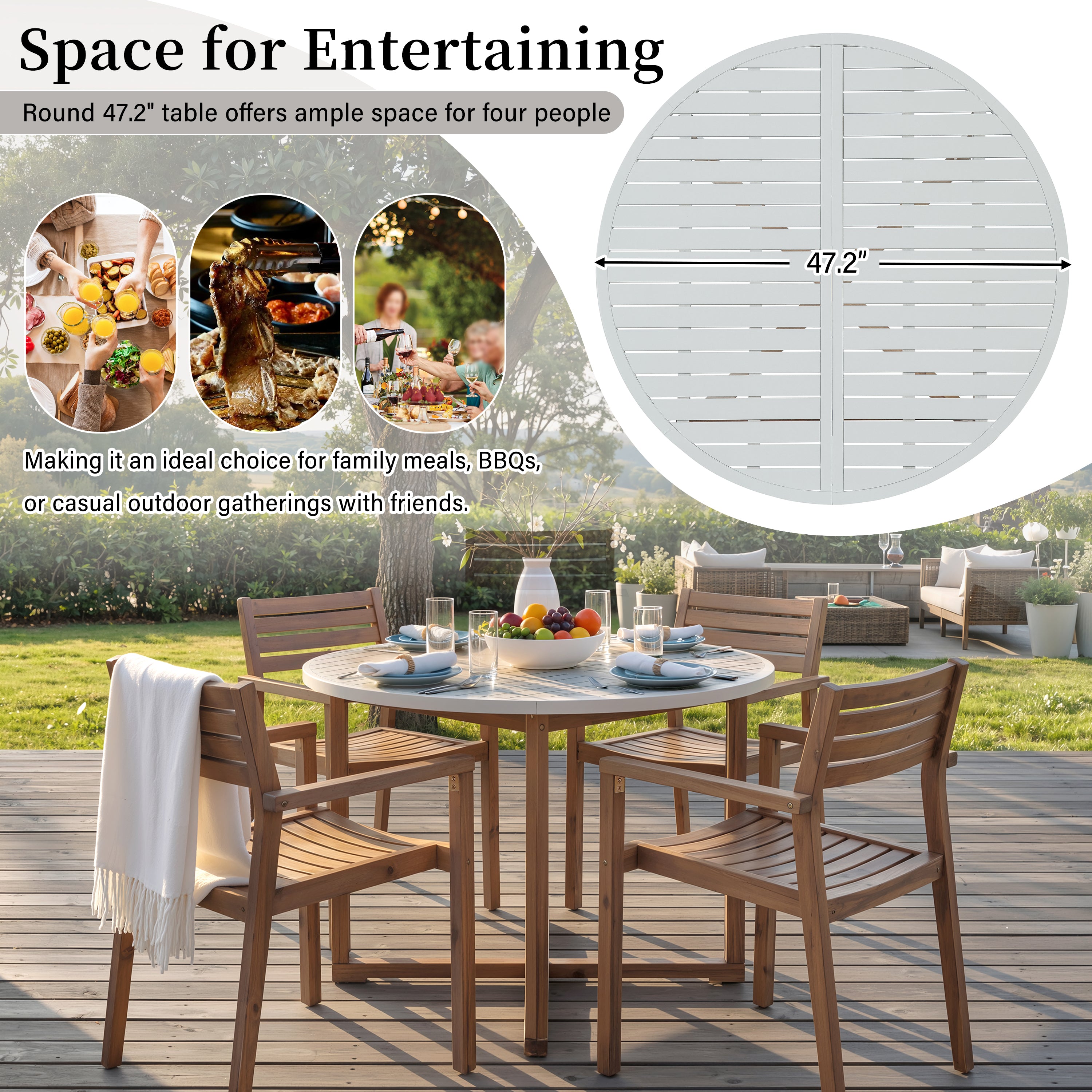 U_STYLE 5-Piece Outdoor Dining Set with 4 Acacia Wood Chairs,47.2" Round Dining Table with Slatted Design, Ideal for Patios, Gardens, Poolsides, and Lawn Areas & Indoor