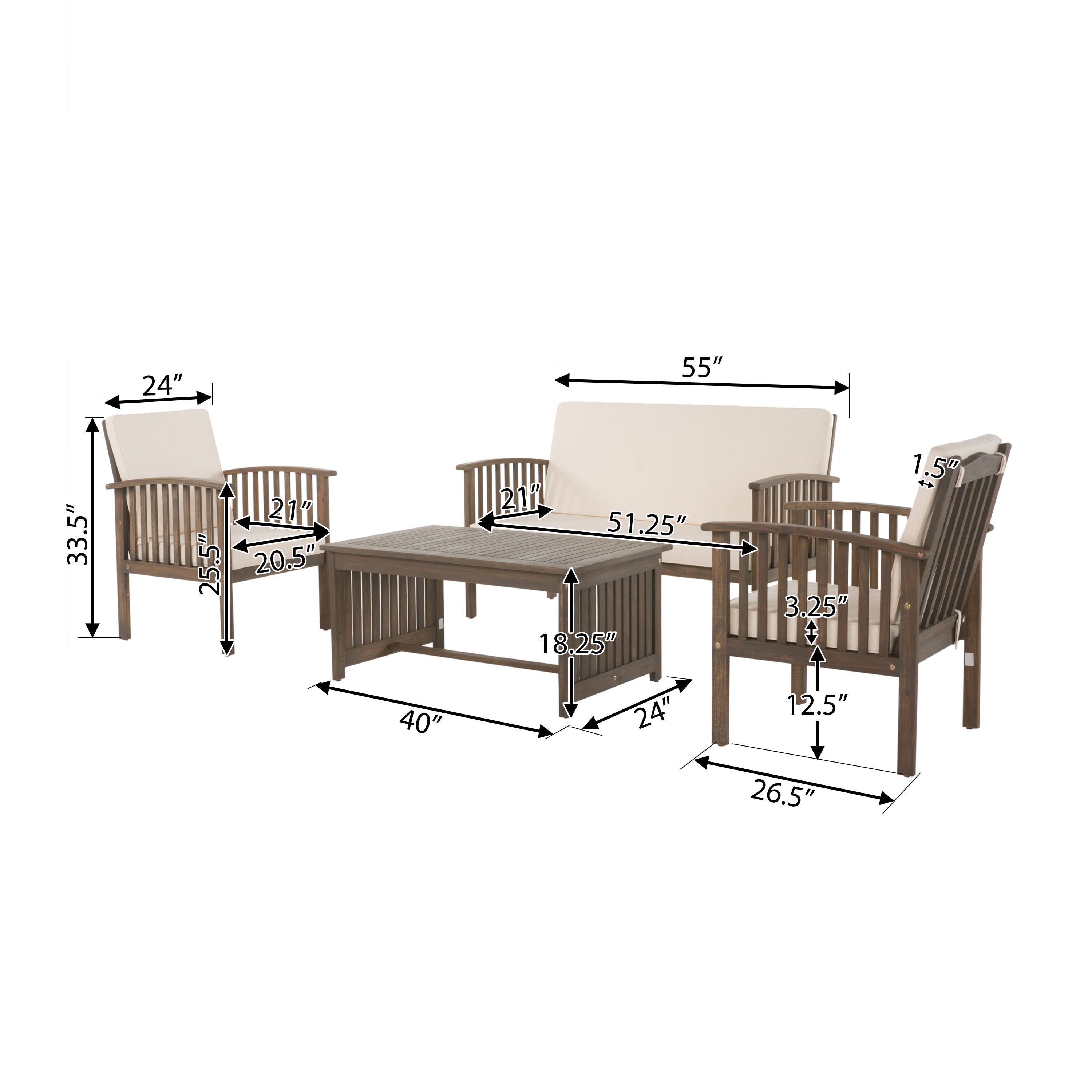Tidewell 4 Piece Acacia Wood Outdoor Chat Set with Water-Resistant Cushions