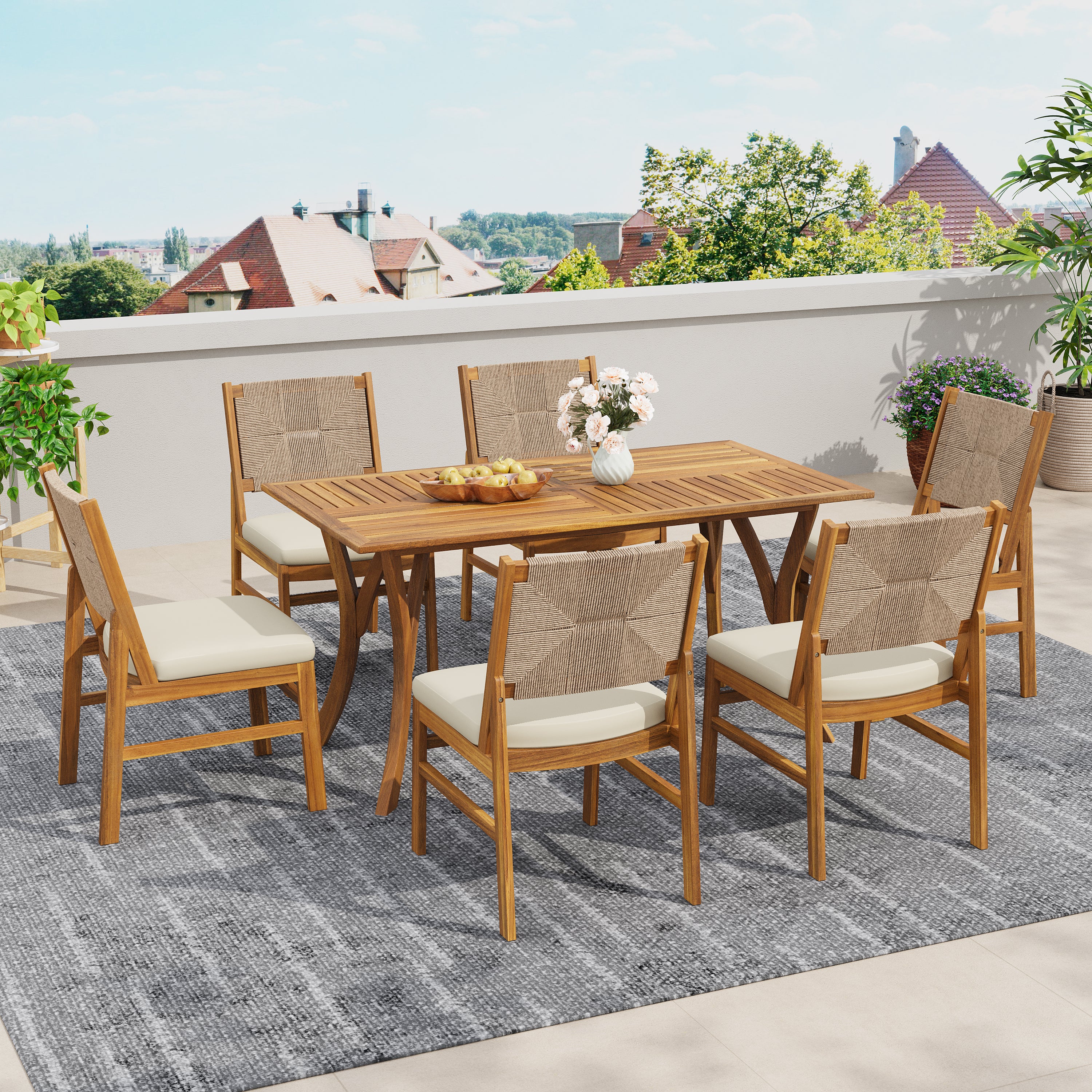 Monica Outdoor Wood and Wicker Woven 7 Piece Dining Set