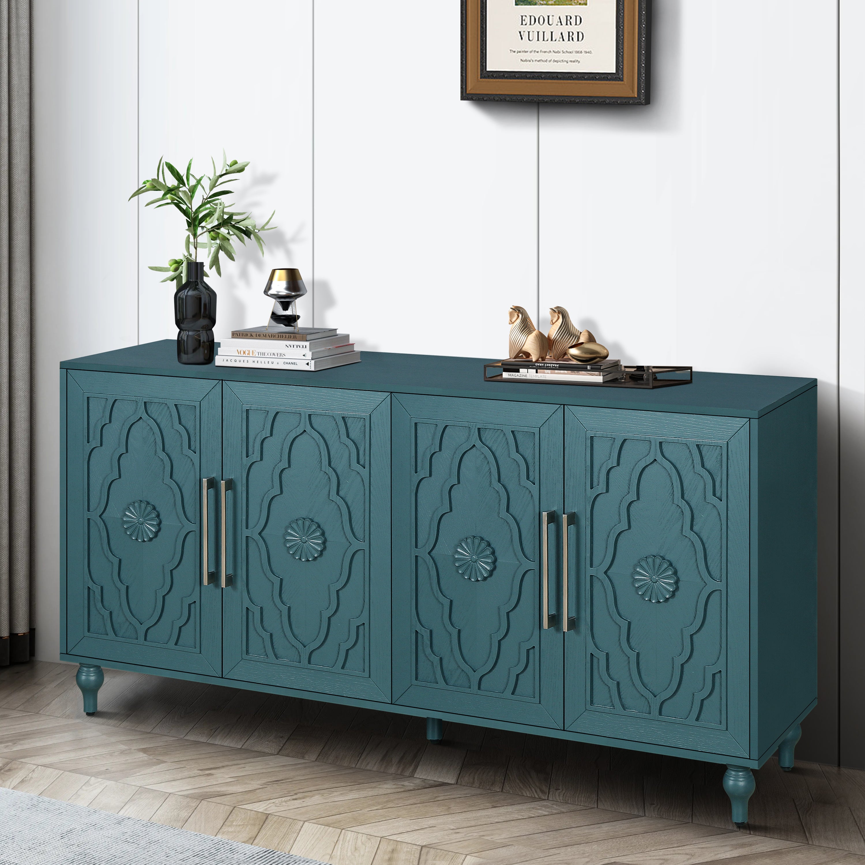 63'' Large Carved Flower Doors Storage Cabinet