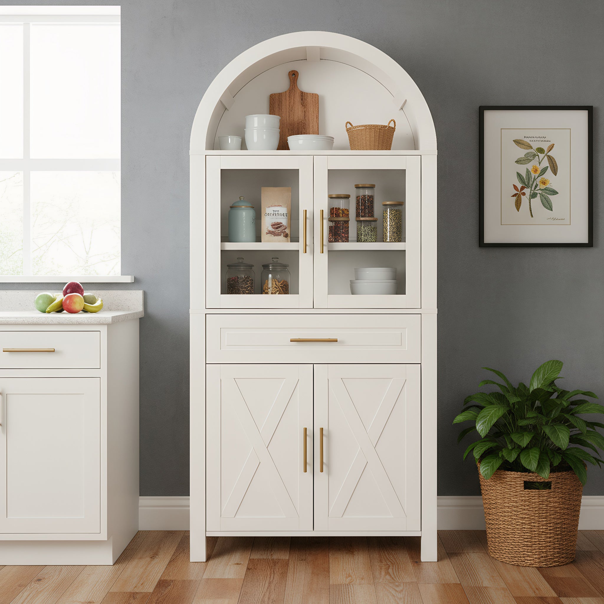 Farmhouse Arched Strage Cabinet with Glass Doors