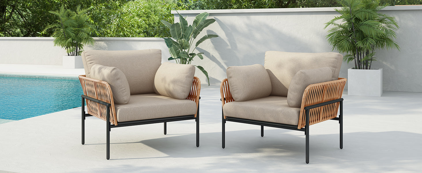 Brisa Outdoor Modern Iron Lounge Chair with Rope Weave