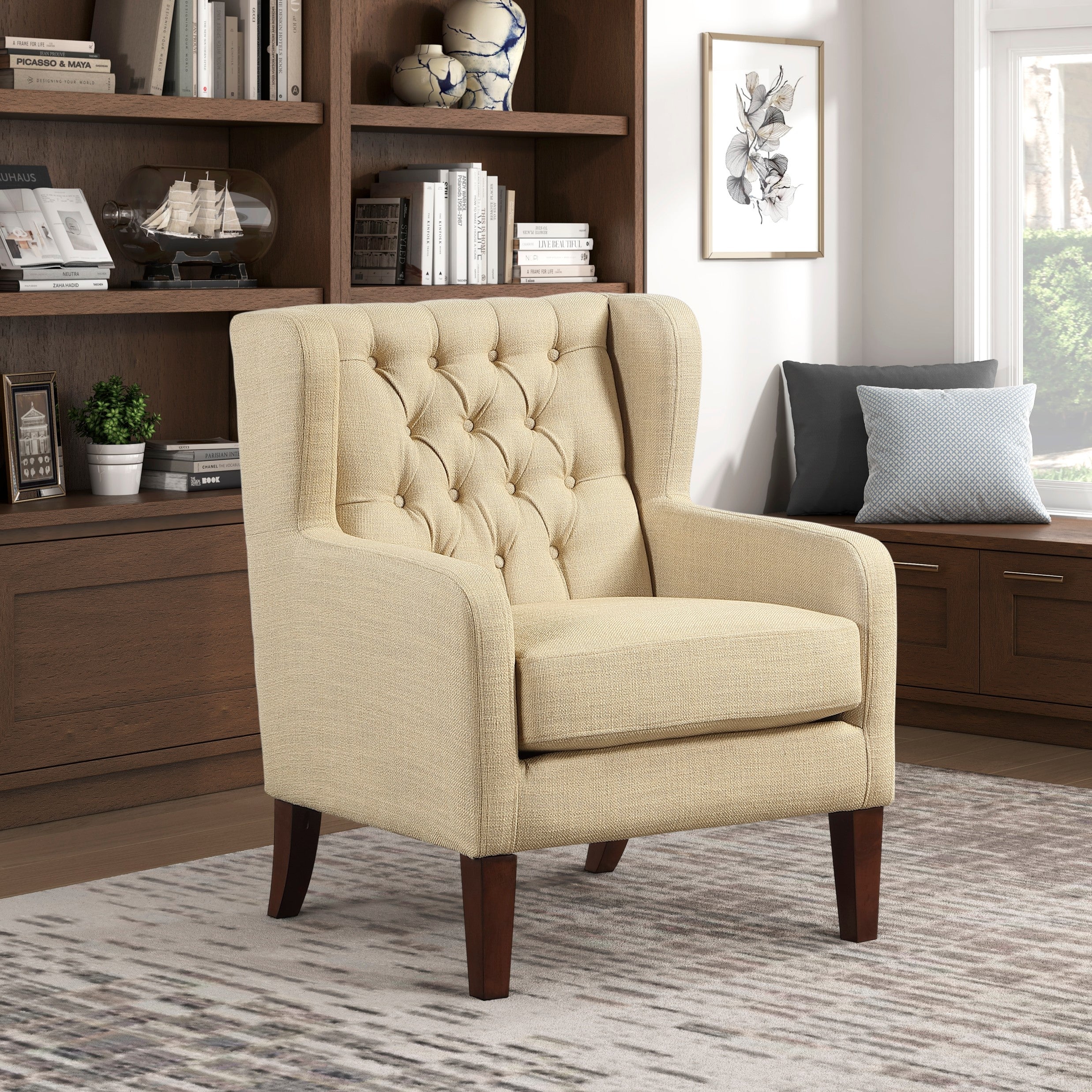 Button-Tufted Wingback Accent Chair with Solid Wood Legs