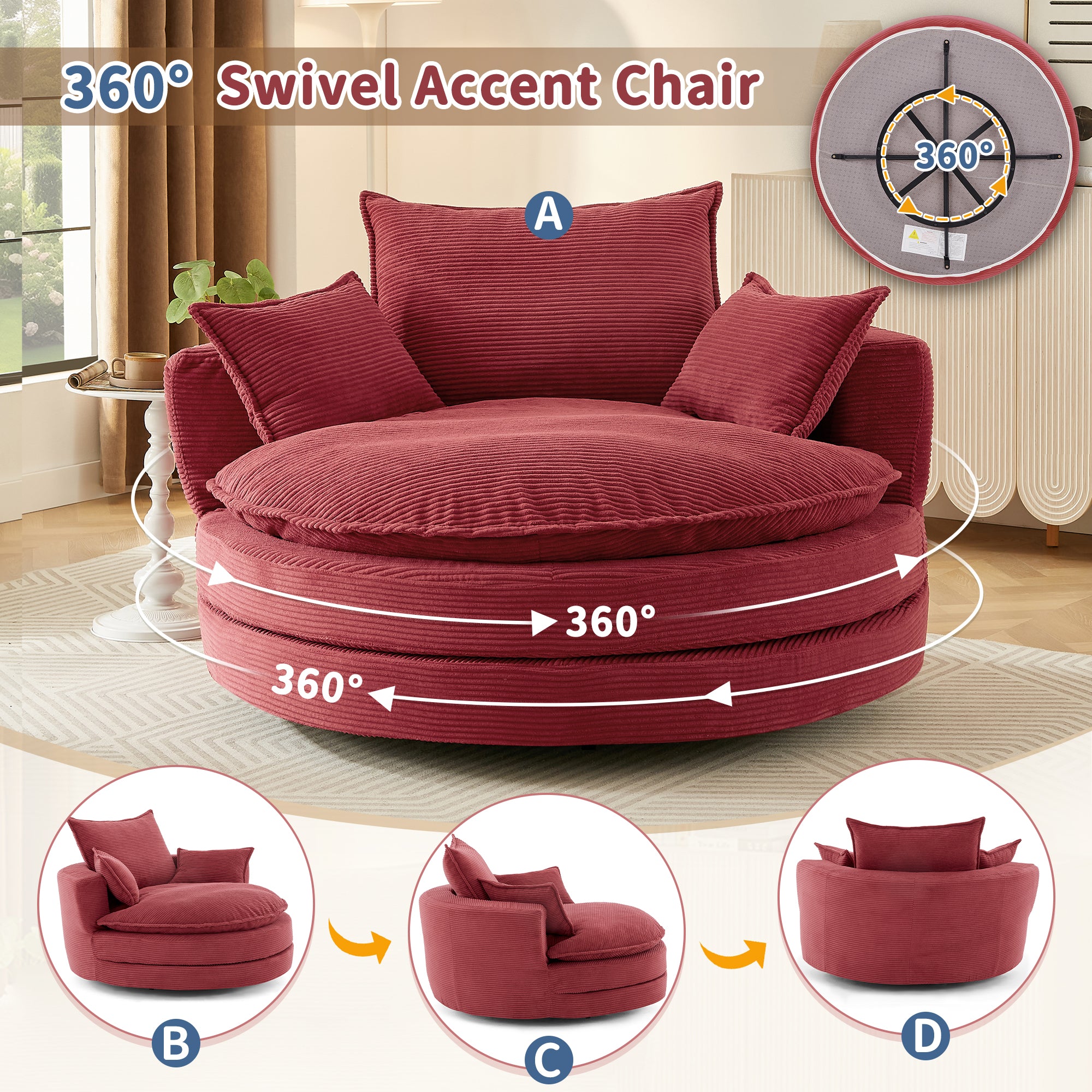 Corduroy 360° Swivel Accent Barrel Chair with 3 Removable Pillows