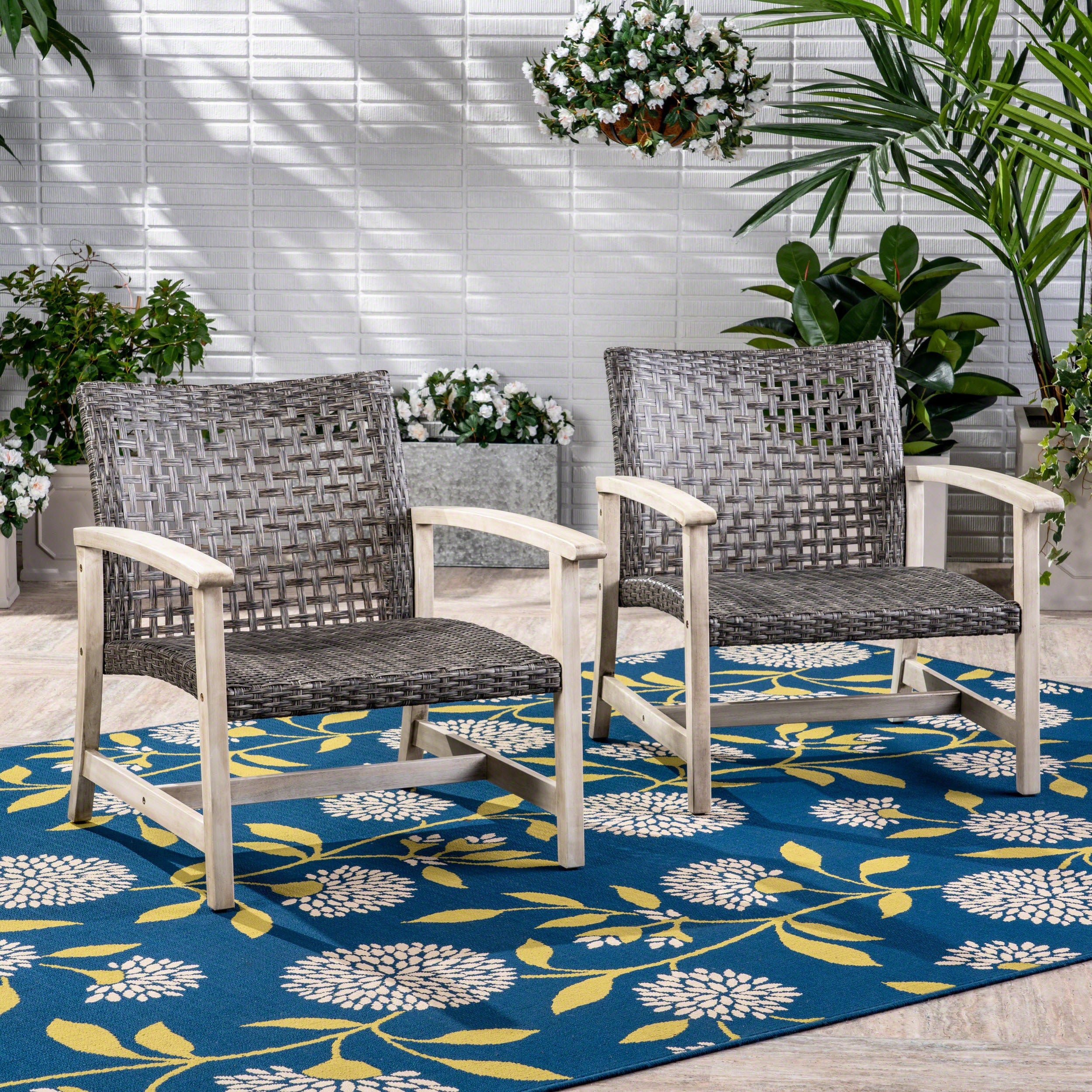 Hampton Outdoor Rattan & Acacia Wood Wicker Club Chairs, Set of 2