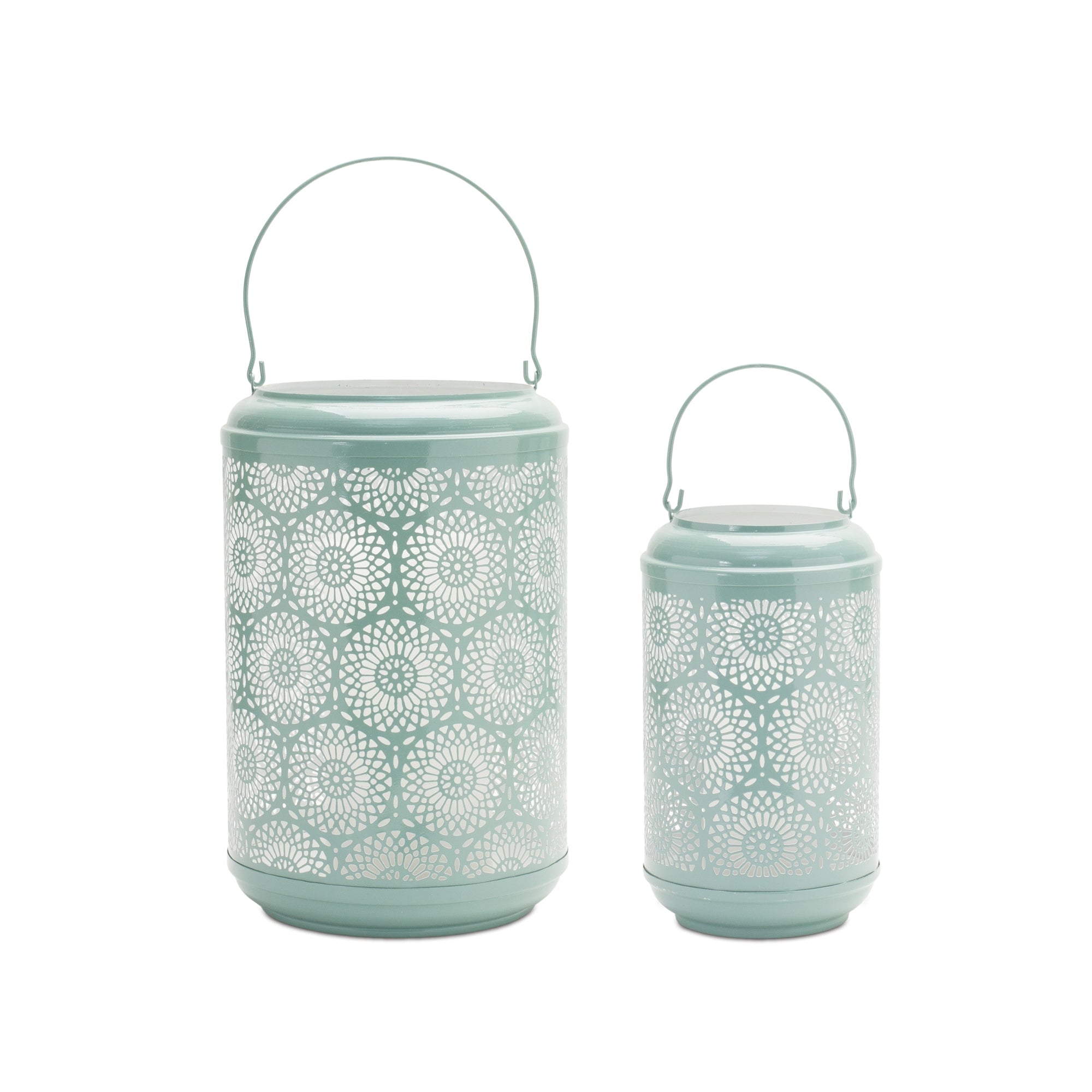 Green-Punched-Metal-Lantern-Candle-Holder-(Set-of-2)-Lanterns