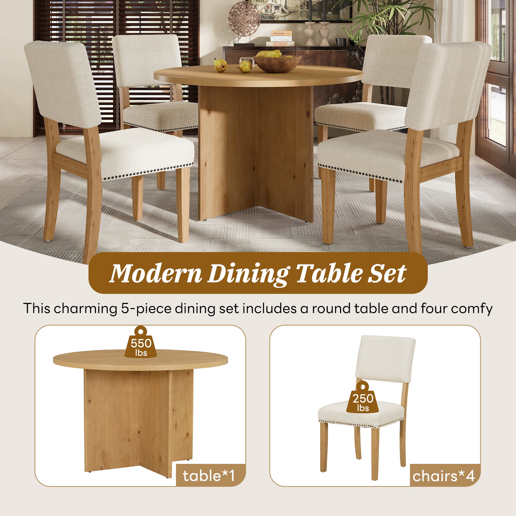 5-Piece Dining Set with Round Tabletop and 4 Upholstered Dining Chairs