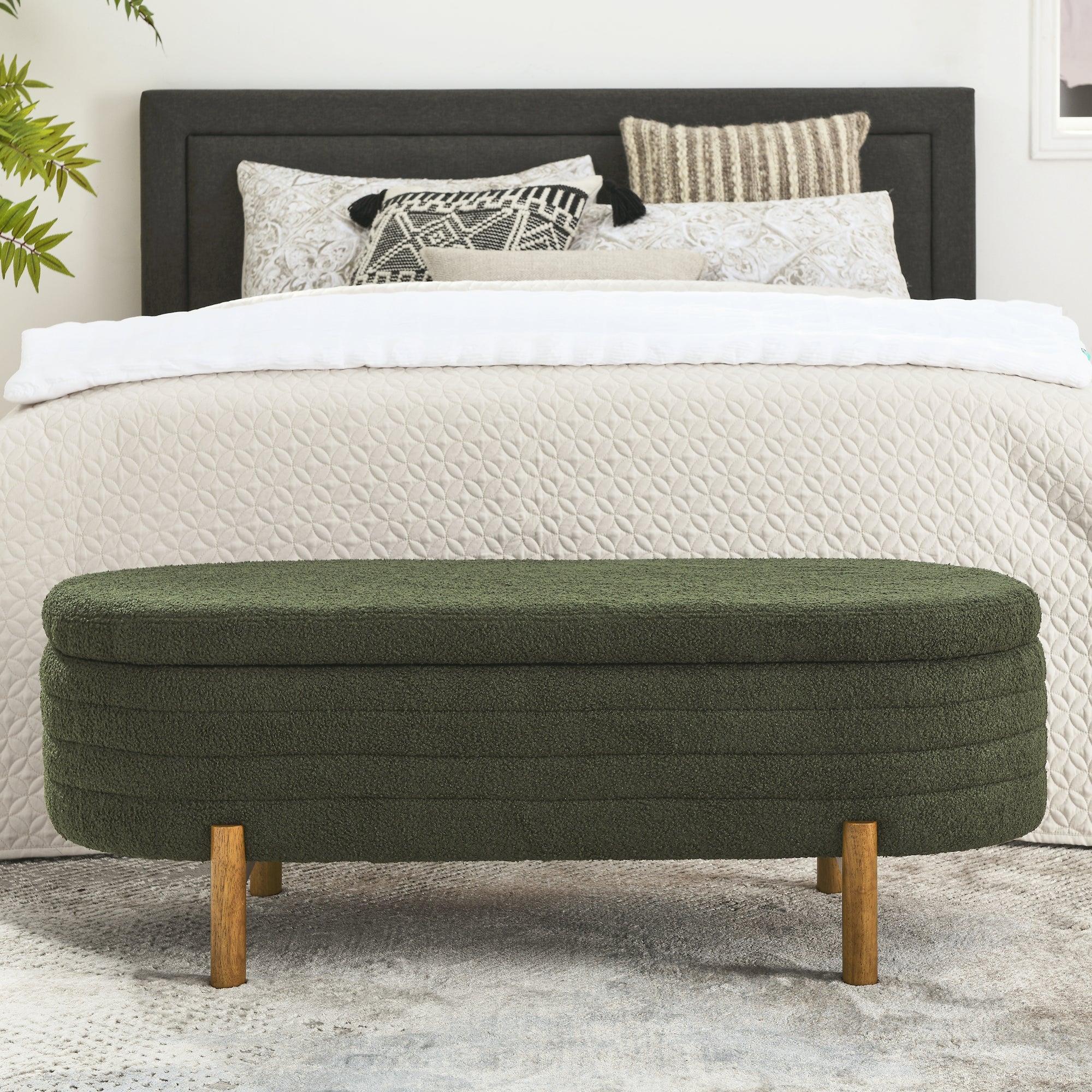 Upholstered Oval Storage Bench with Rubber Wood Legs