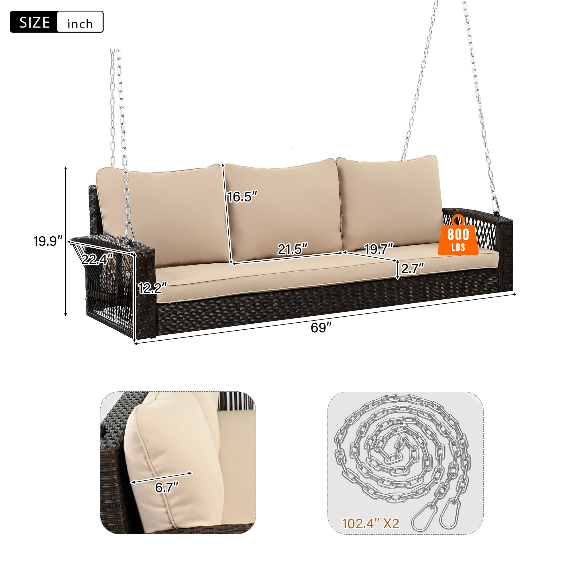 3-Person Large Porch Swing with Cushions